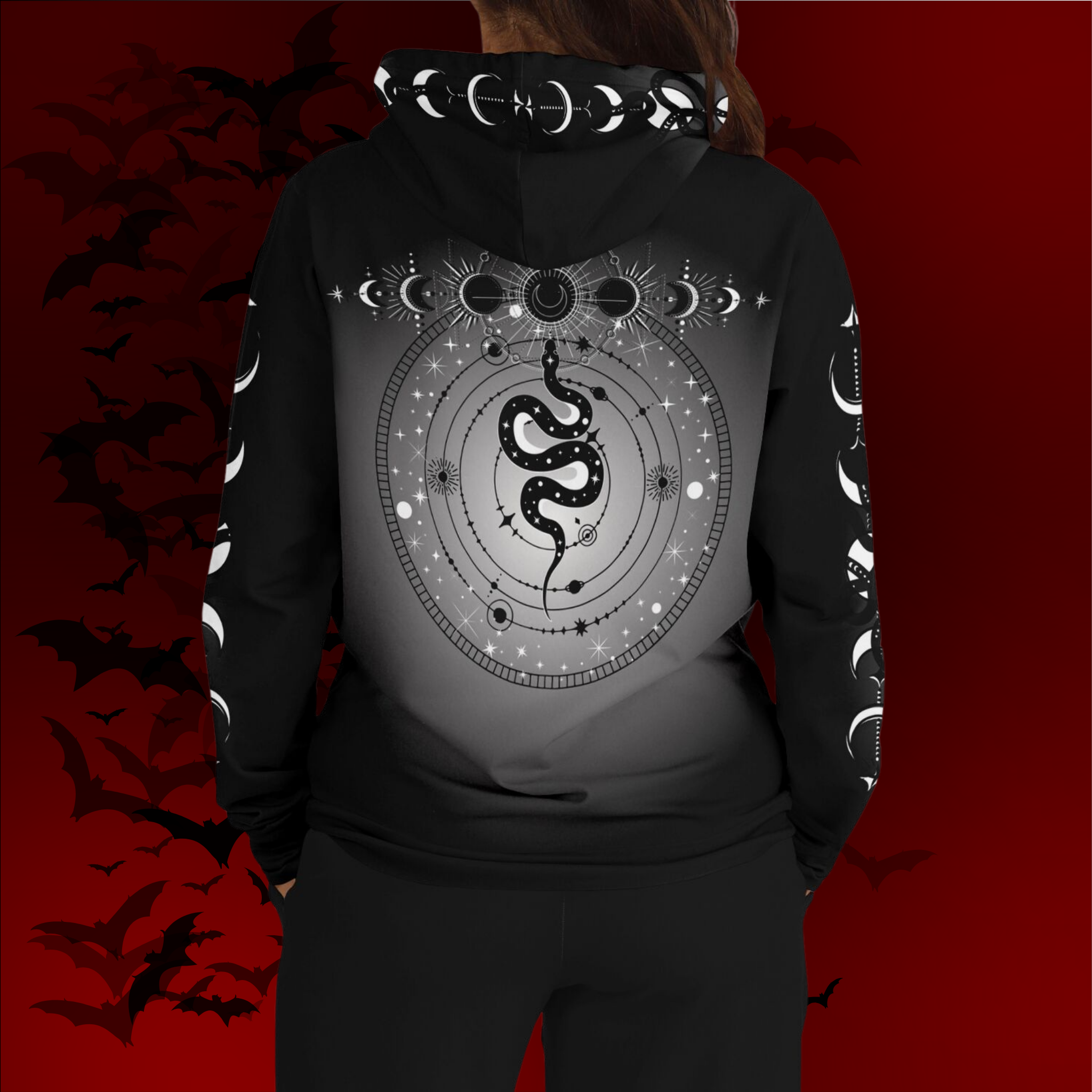 Celestial Serpent All Over Print Hoodie – Monochrome
