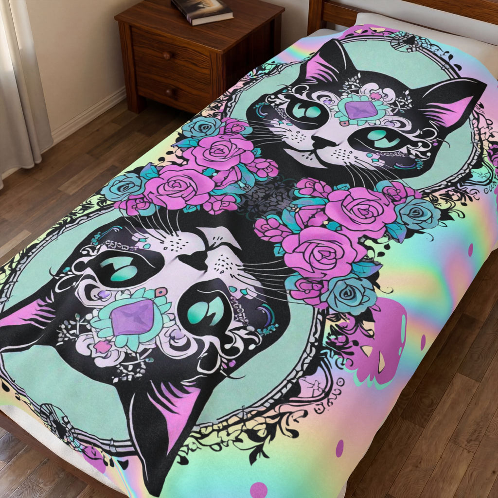 Pastel Goth Sugar Skull Cat Throw Blanket — Floral Gothic Home Decor