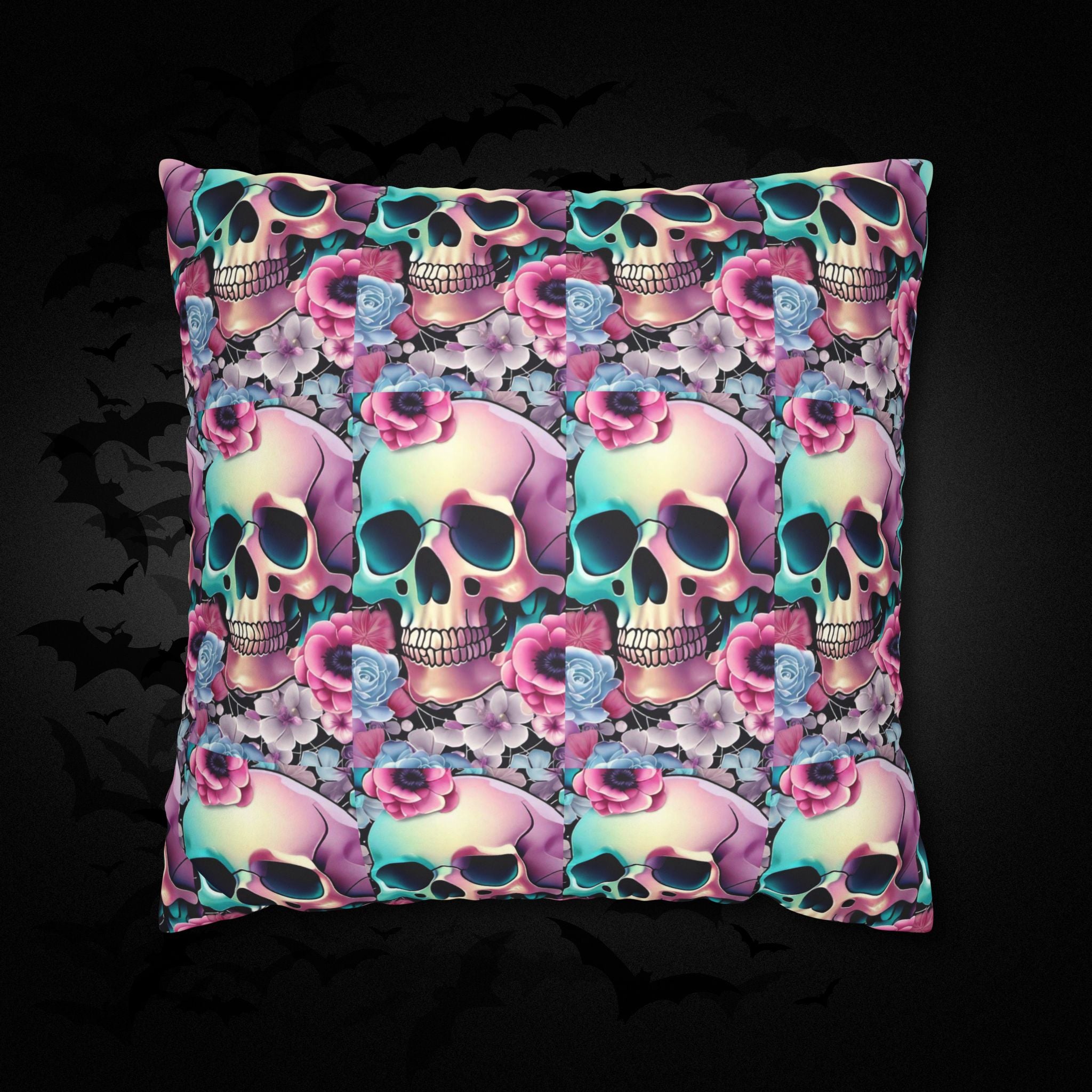Pastel Goth Floral Skull Throw Pillow — Dark Floral Emo Home Decor