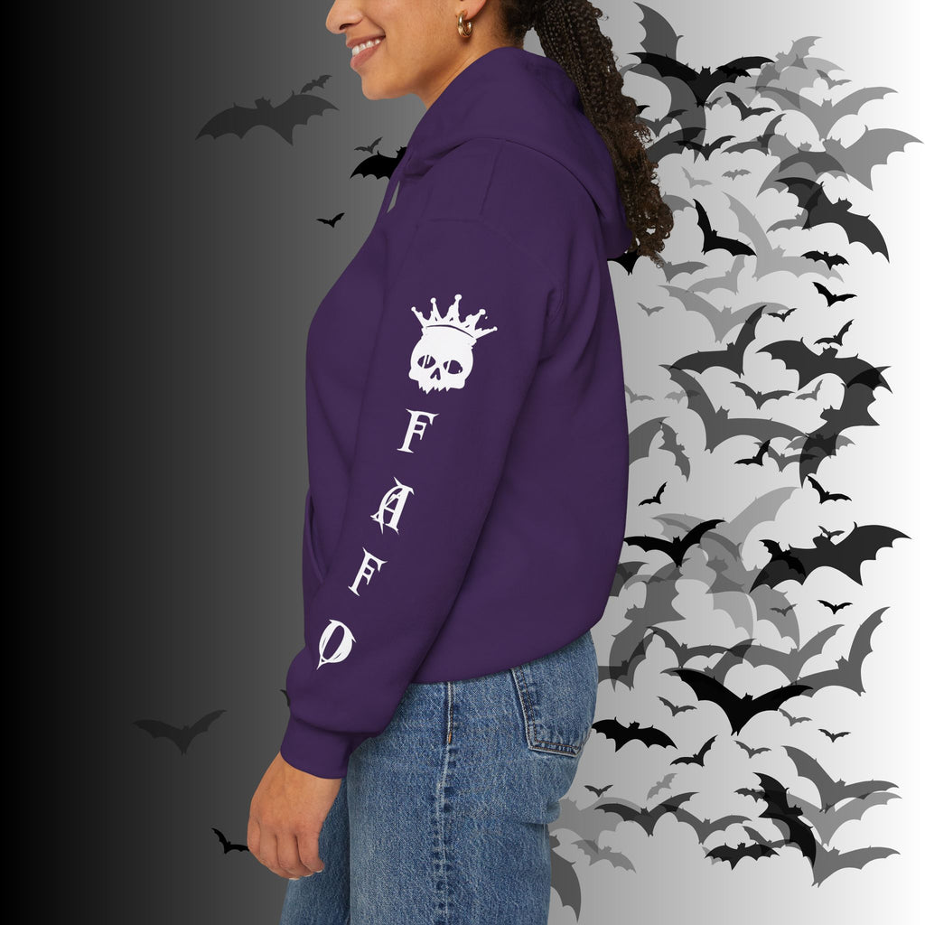 I Identify As a Threat Hoodie — Gothic Skull Sleeve Print FAFO Black