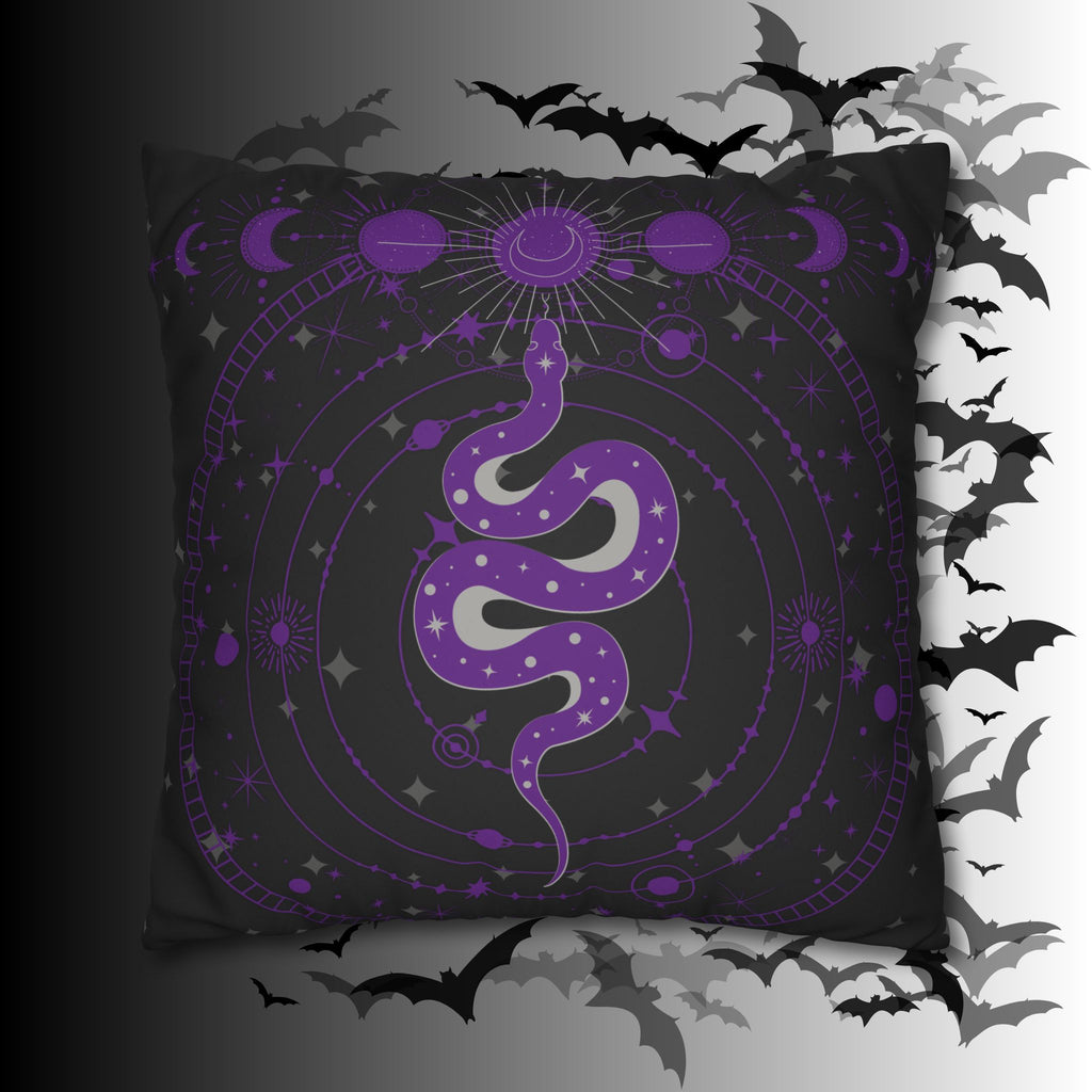 Purple Celestial Snake Moon Phases Throw Pillow — Witchy Gothic Dark Home Decor