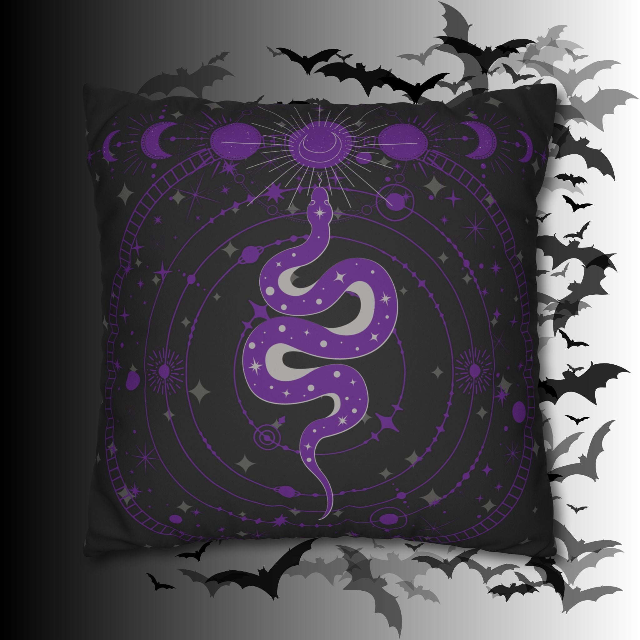 Purple Celestial Snake Moon Phases Throw Pillow — Witchy Gothic Dark Home Decor