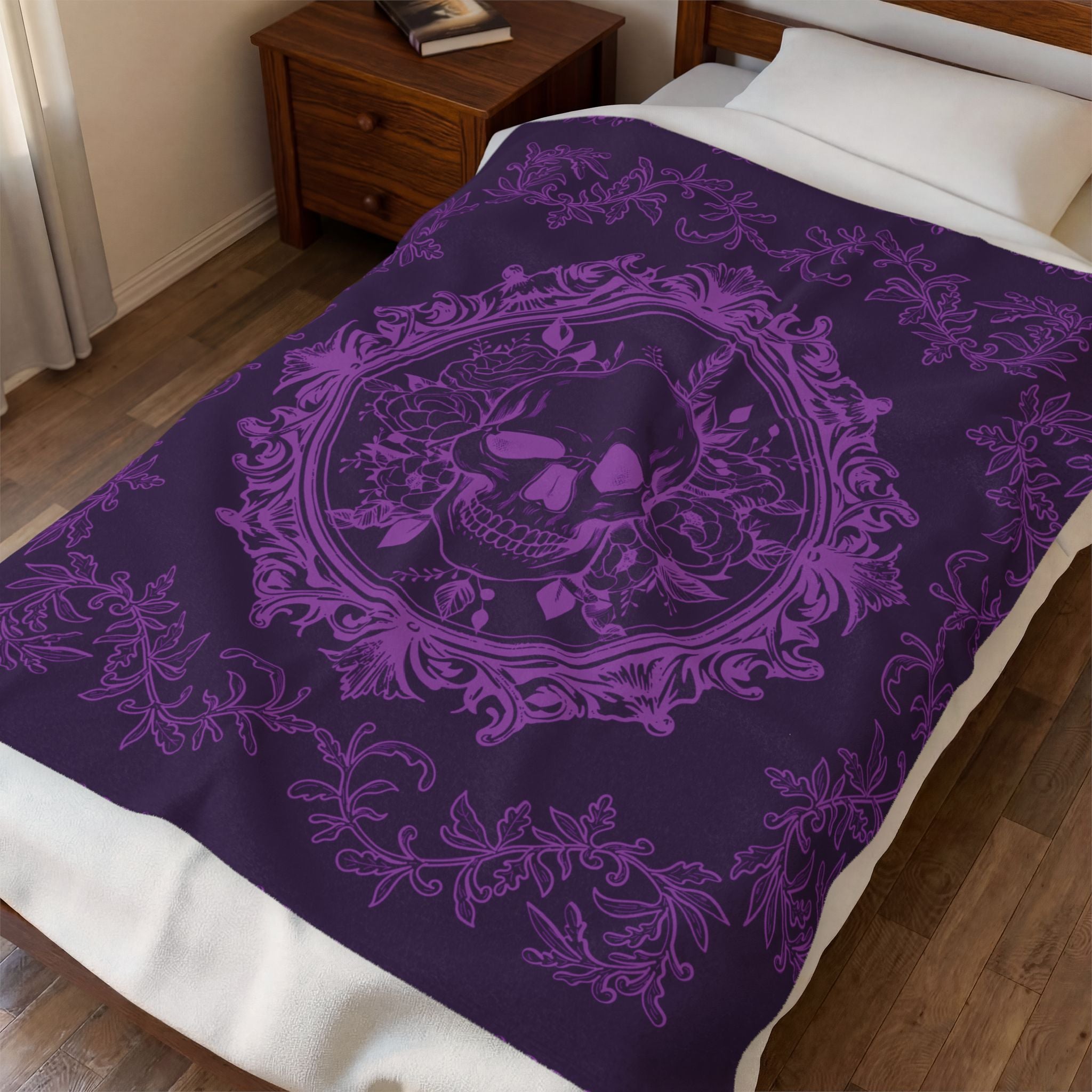 Gothic Purple Skull Botanical Throw Blanket — Tonal Dark Elegance