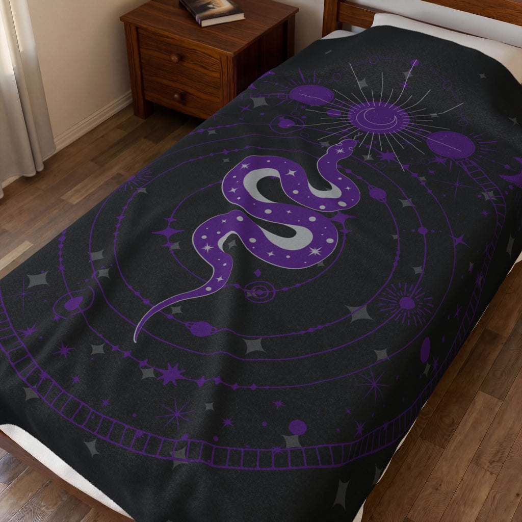 Gothic Celestial Snake Moon Phase Throw Blanket — Purple & Black Witchy Decor