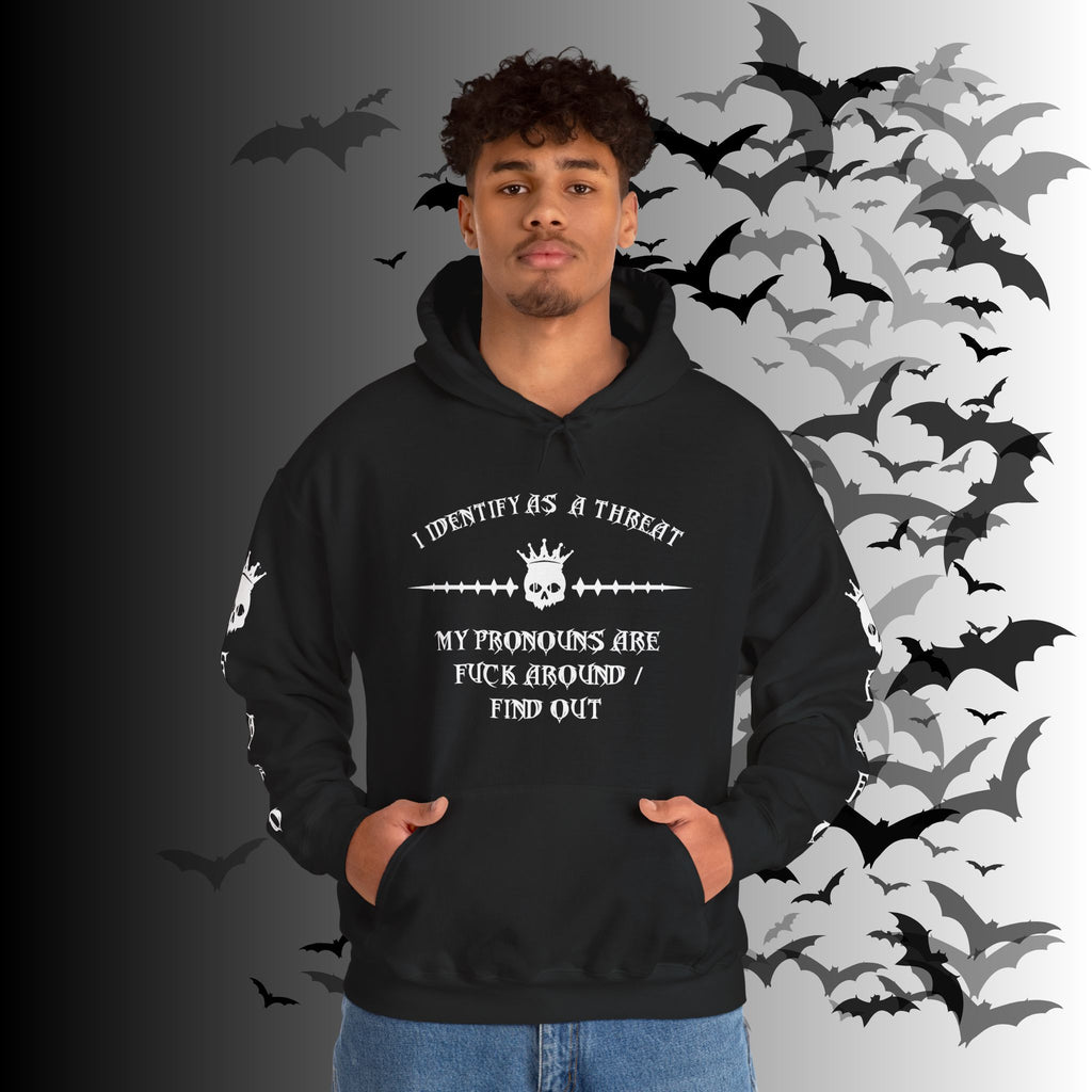I Identify As a Threat Hoodie — Gothic Skull Sleeve Print FAFO Black