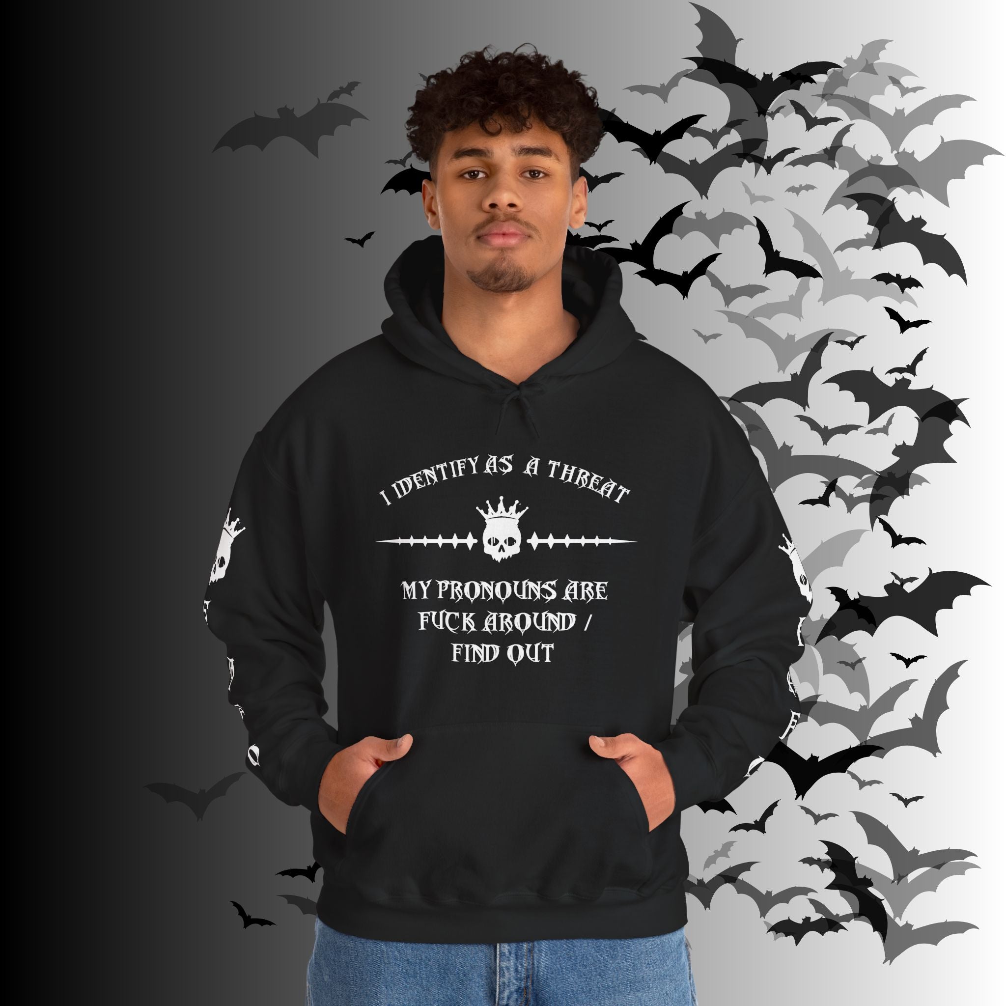 I Identify As a Threat Hoodie — Gothic Skull Sleeve Print FAFO Black