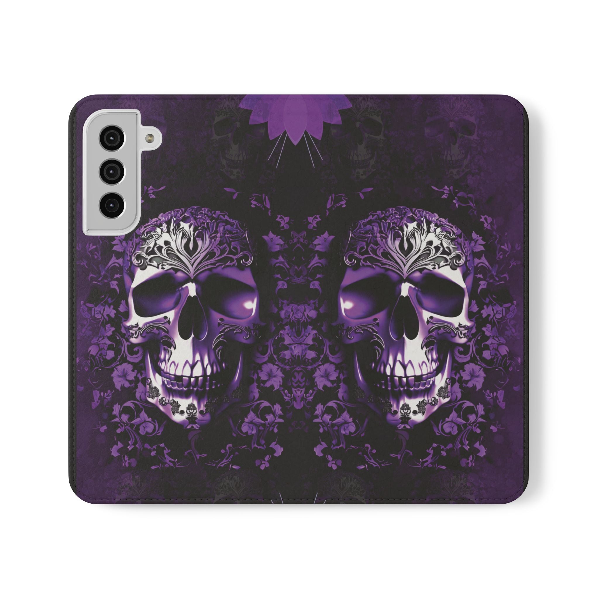 Purple Pastel Goth Skull Flip Wallet Phone Case - Skull Wallet Case for Samsung iPhone - Gothic Style Skull Wallet Phone Cases