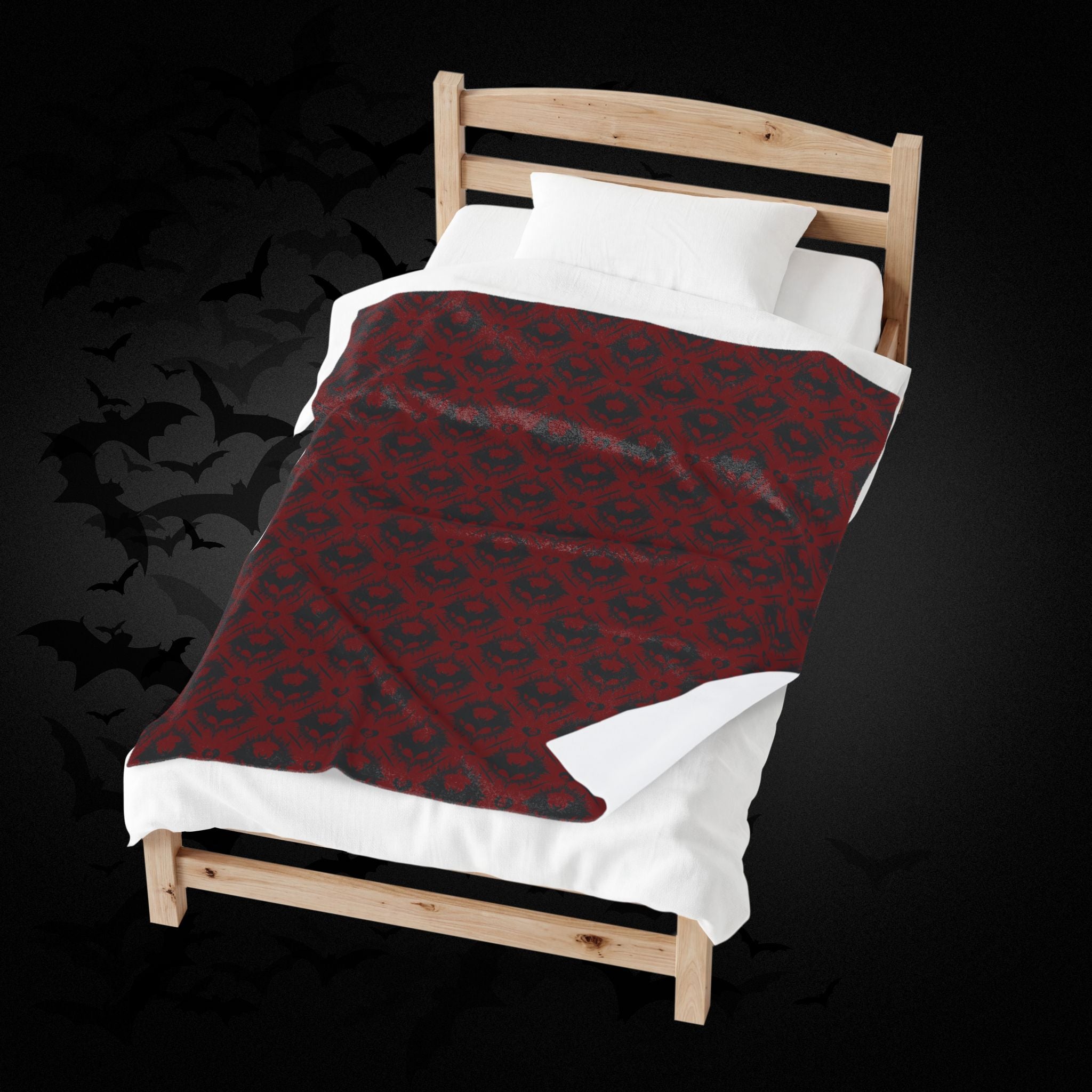 Gothic Bat & Skull Heart Throw Blanket — Crimson Red Colorway
