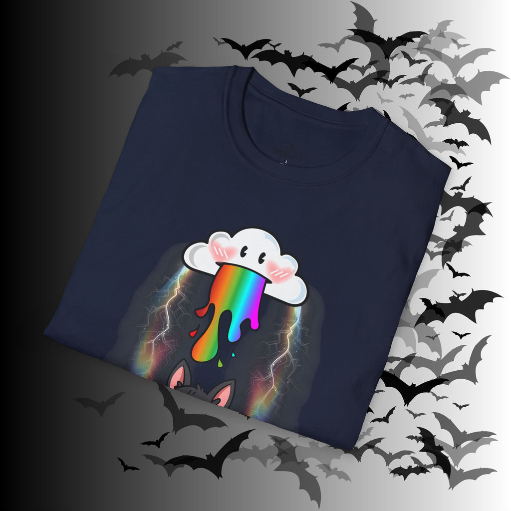 Rainbow Vomit Cloud Bat T-Shirt — Kawaii Goth Pride Unisex Tee