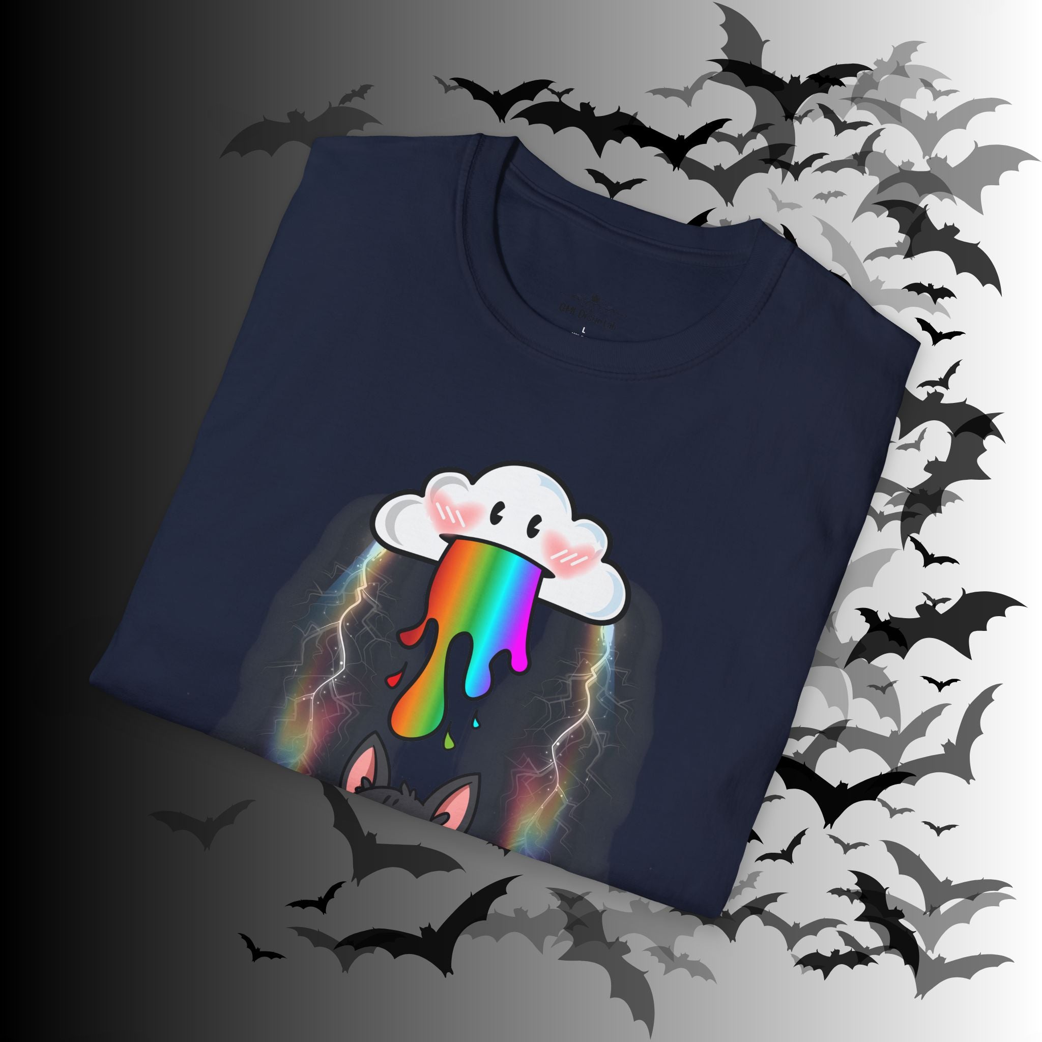 Rainbow Vomit Cloud Bat T-Shirt — Kawaii Goth Pride Unisex Tee