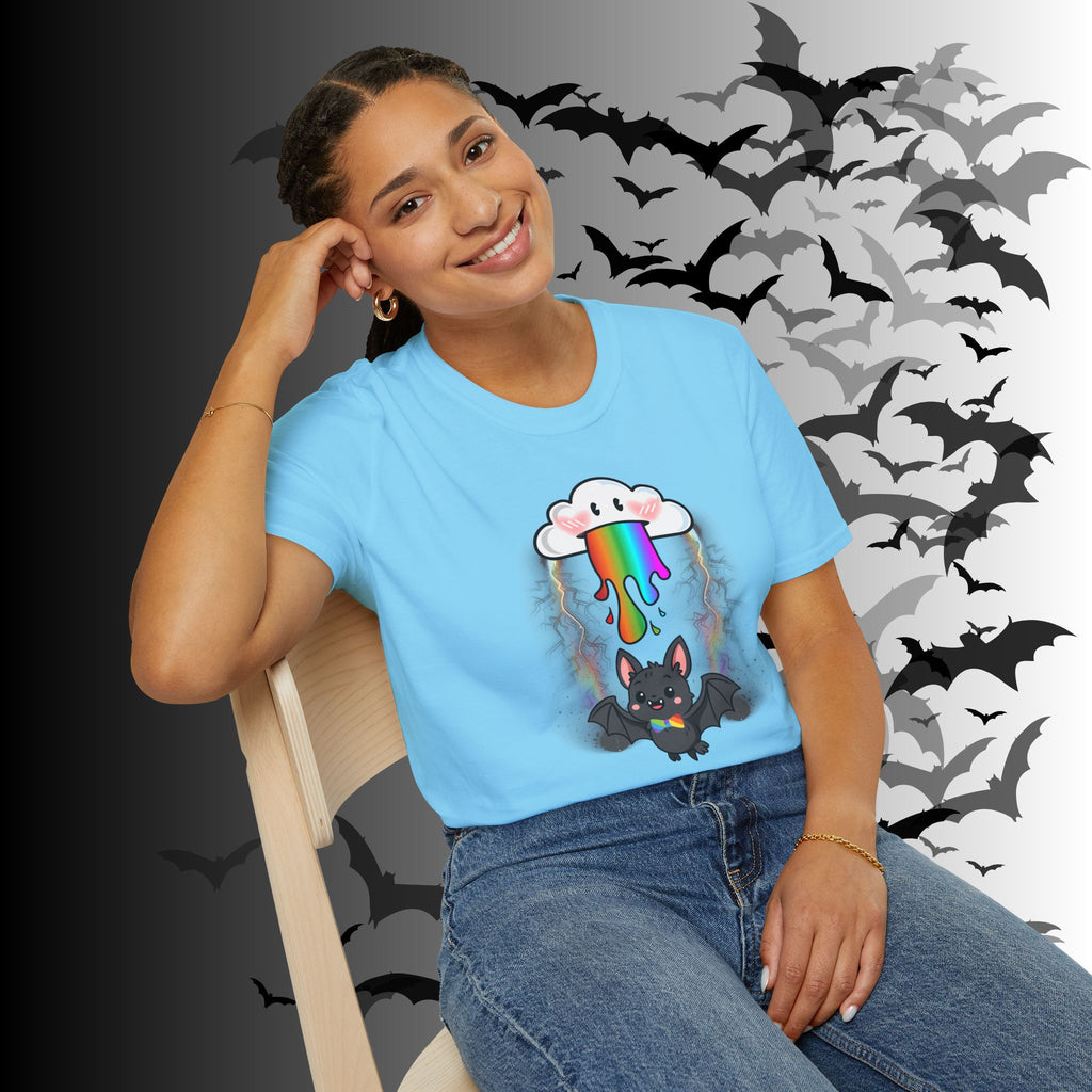 Rainbow Vomit Cloud Bat T-Shirt — Kawaii Goth Pride Unisex Tee