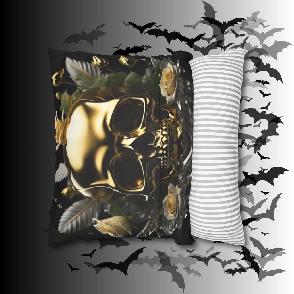Gold Skull Botanical Throw Pillow — Dark Floral Gothic Home Decor