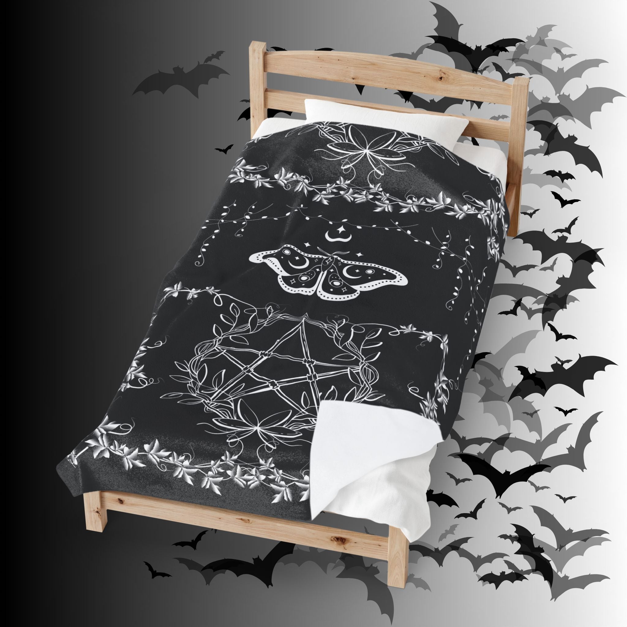 Witchy Luna Moth Pentagram Throw Blanket — Gothic Botanical Home Decor