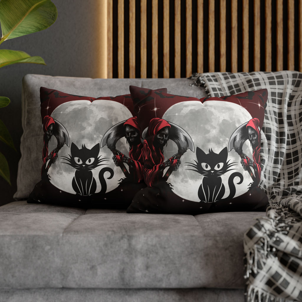 Gothic Black Cat Grim Reaper Throw Pillow — Moonlit Dark Home Decor