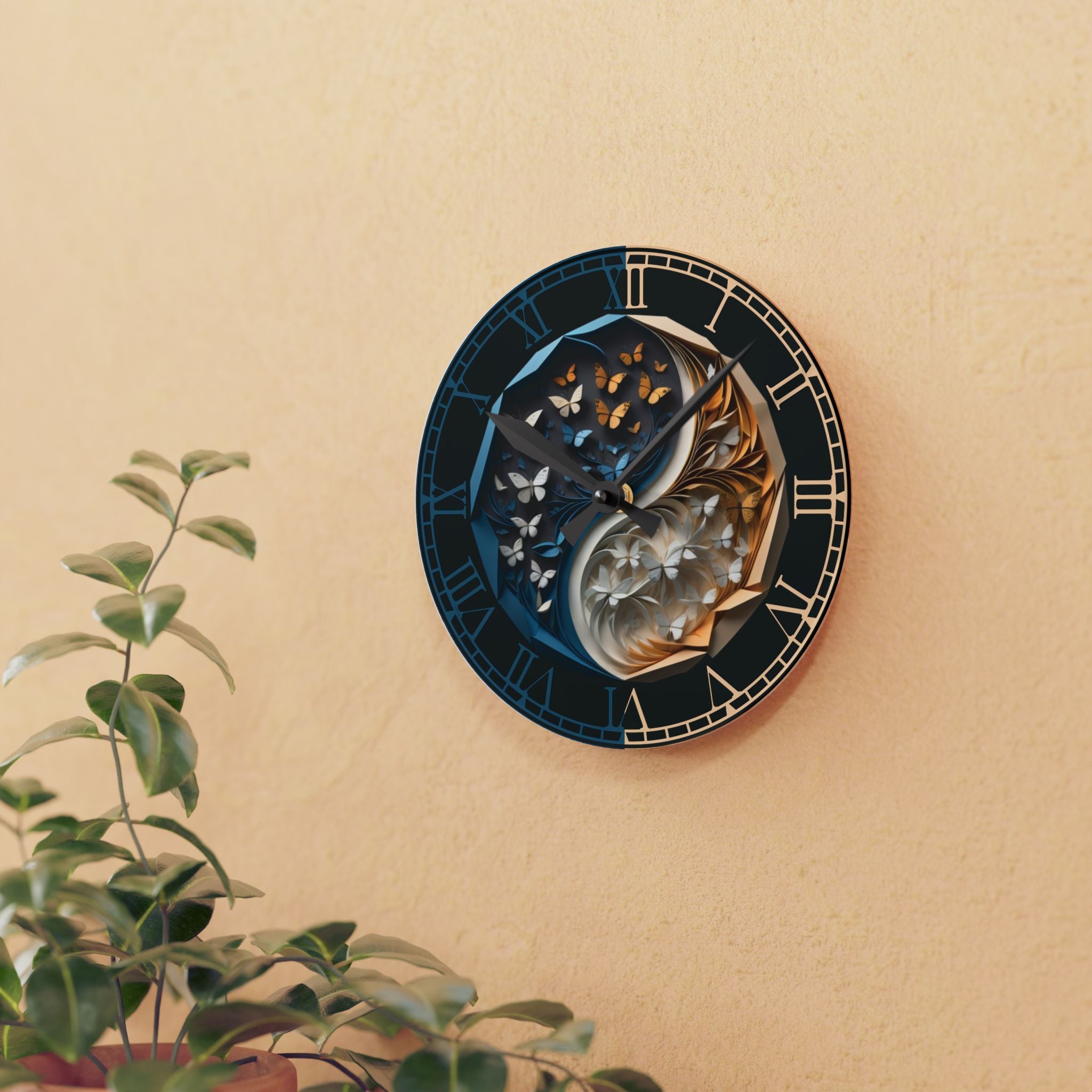 Origami Style Yin Yang Butterfly Acrylic Art Print Wall Clock Blue Gold — NOT Real Origami, Zen Home Decor