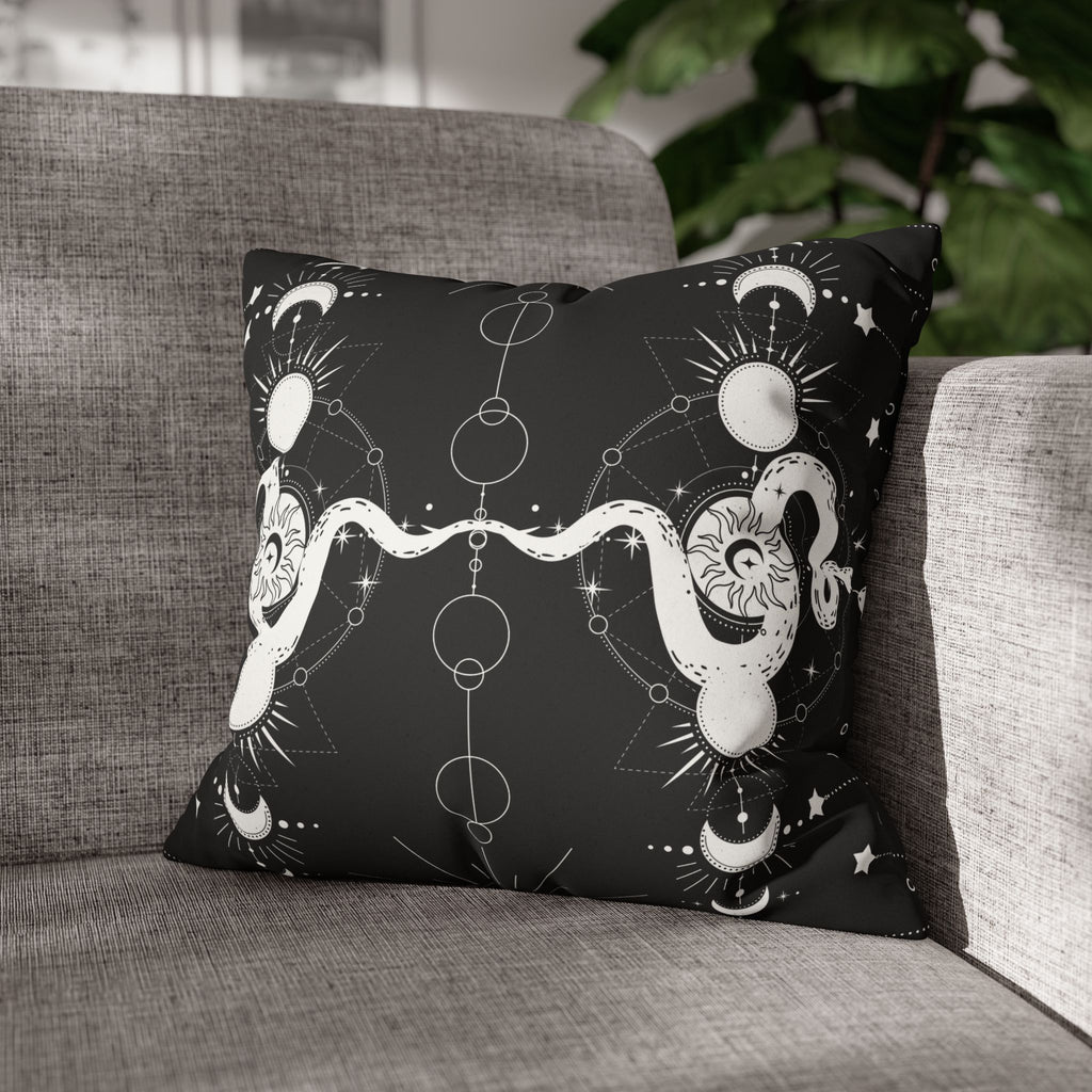 Celestial Snake Moon Phases Throw Pillow — Witchy Gothic Dark Home Decor