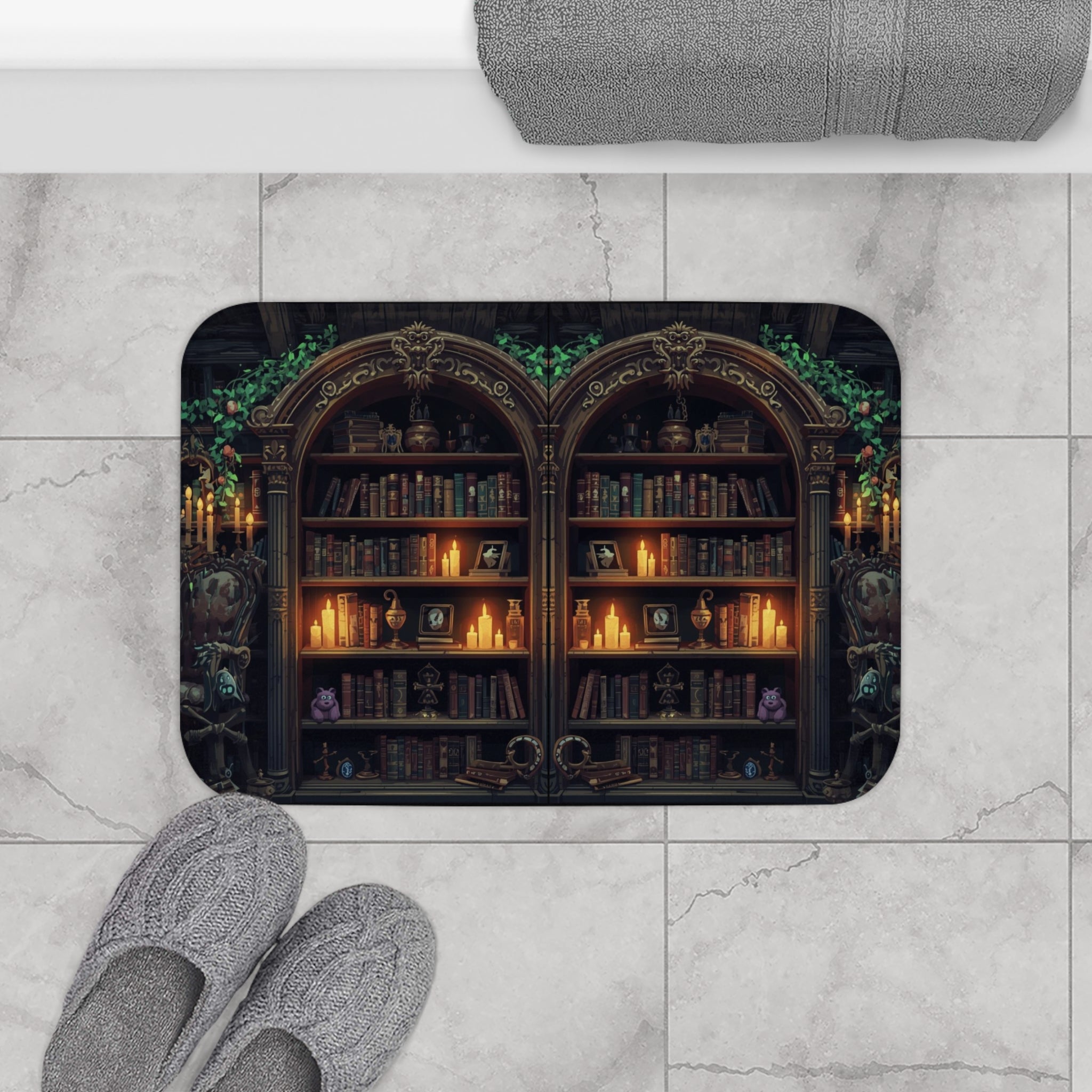 Whimsigoth Bookcase Bath Mat — Gothic Library Dark Fantasy Bathroom Decor