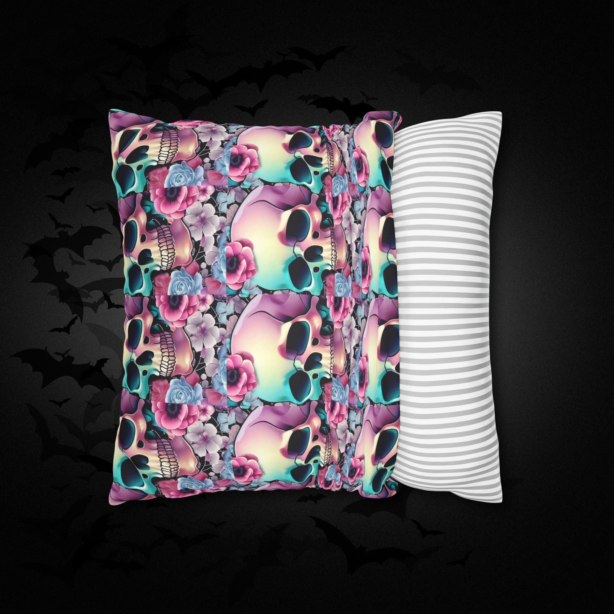 Pastel Goth Floral Skull Throw Pillow — Dark Floral Emo Home Decor