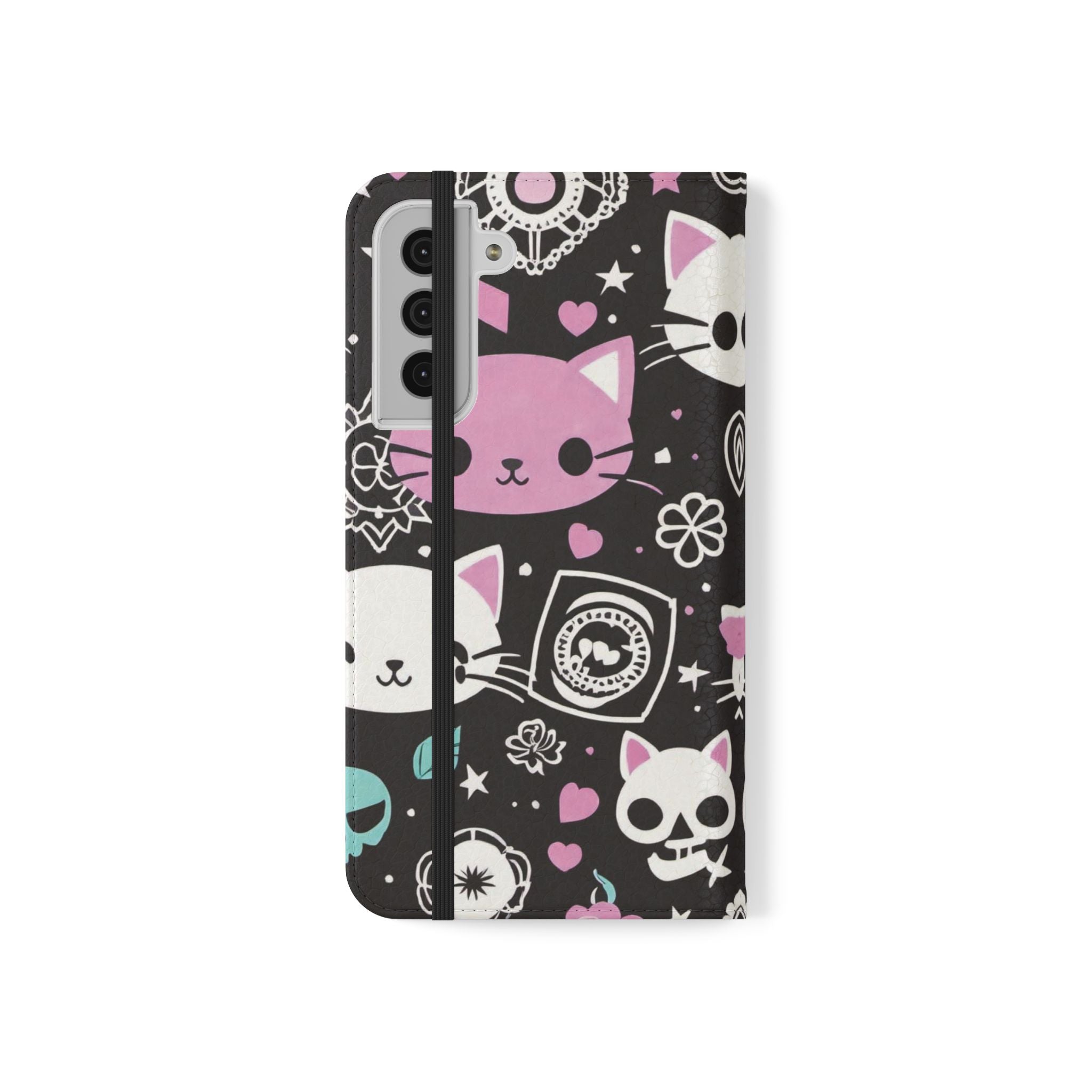 Pastel Goth Cat Flip Wallet Phone Case - Goth Cat Wallet Case for Samsung iPhone - Gothic Style Cats Wallet Phone Cases