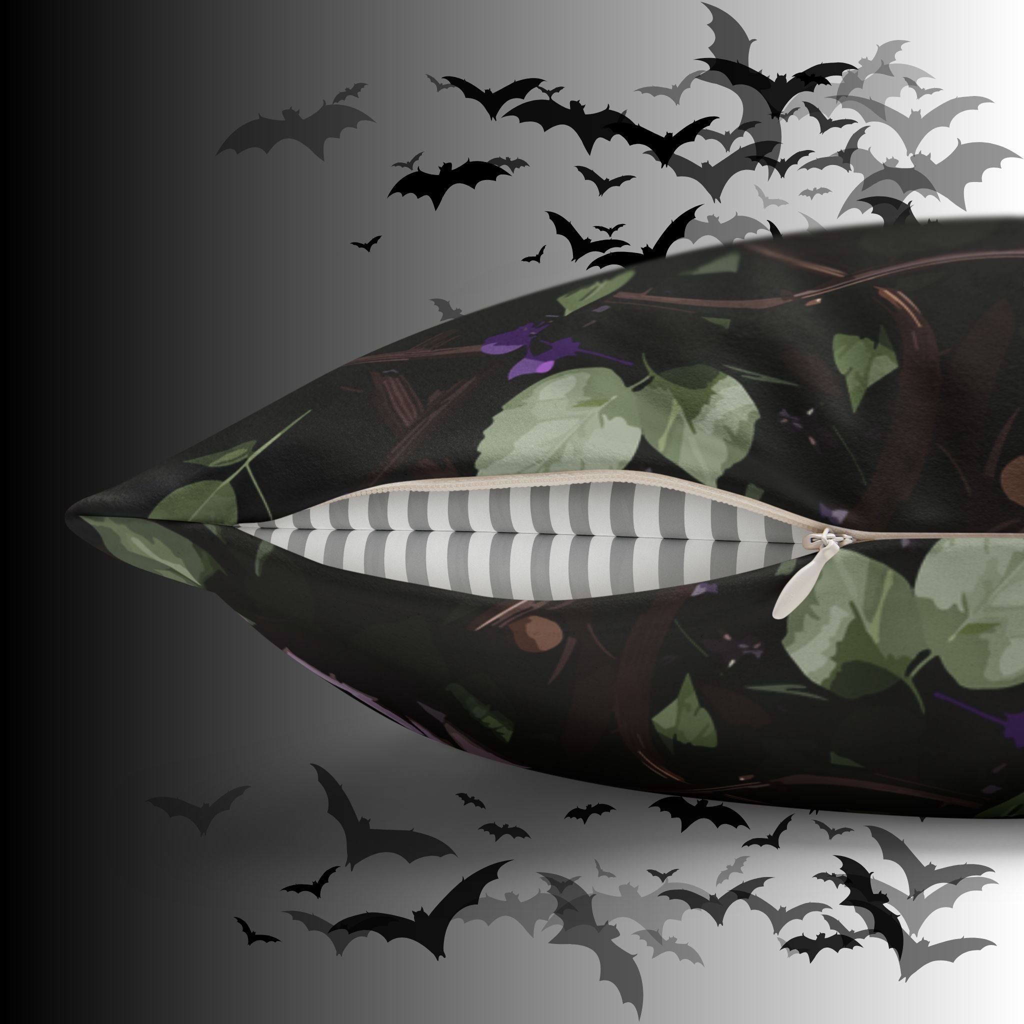 Gothic Black Purple Skull Throw Pillow — Dark Floral Botanical Home Decor
