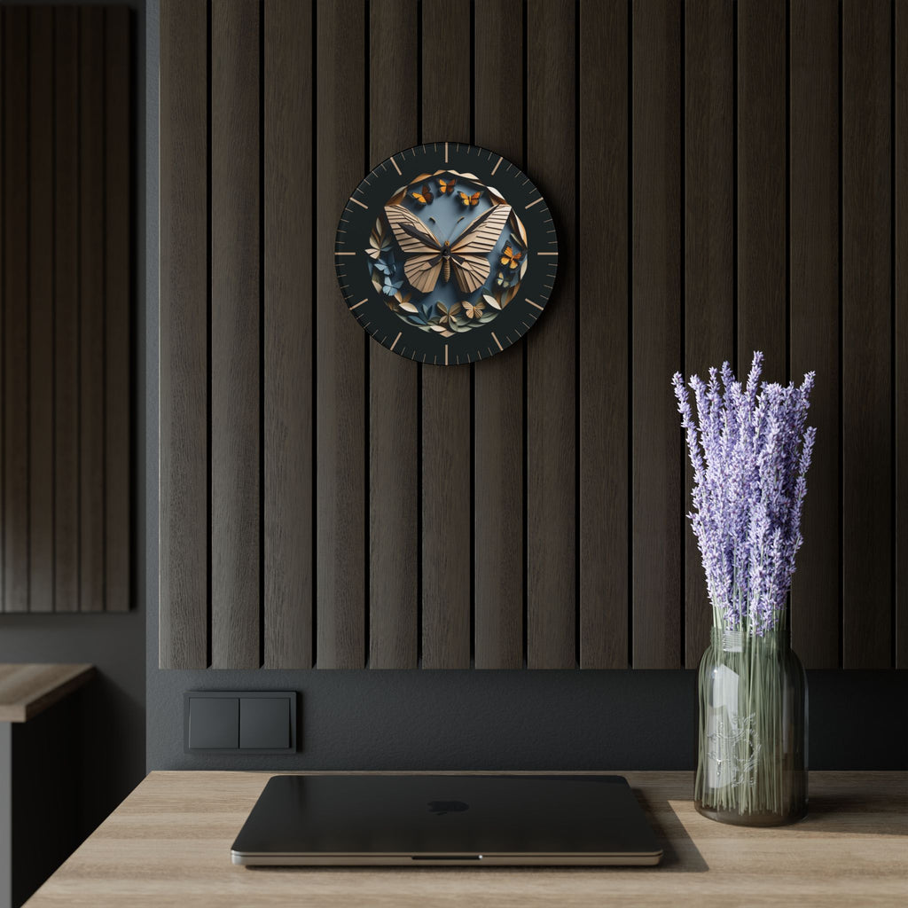 Origami Style Butterfly Acrylic Art Print Wall Clock — NOT Real Origami, Modern Zen Home Decor