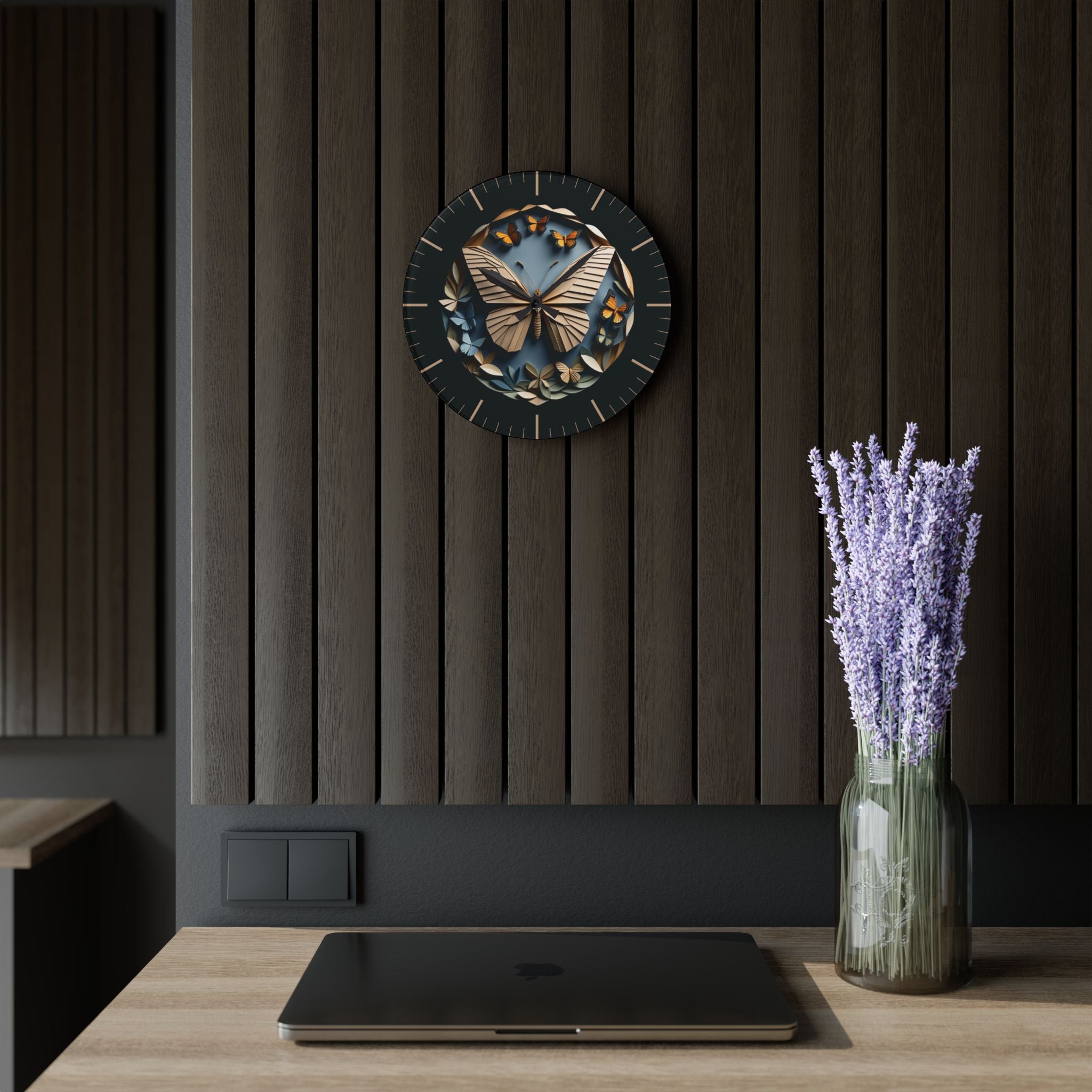 Origami Style Butterfly Acrylic Art Print Wall Clock — NOT Real Origami, Modern Zen Home Decor