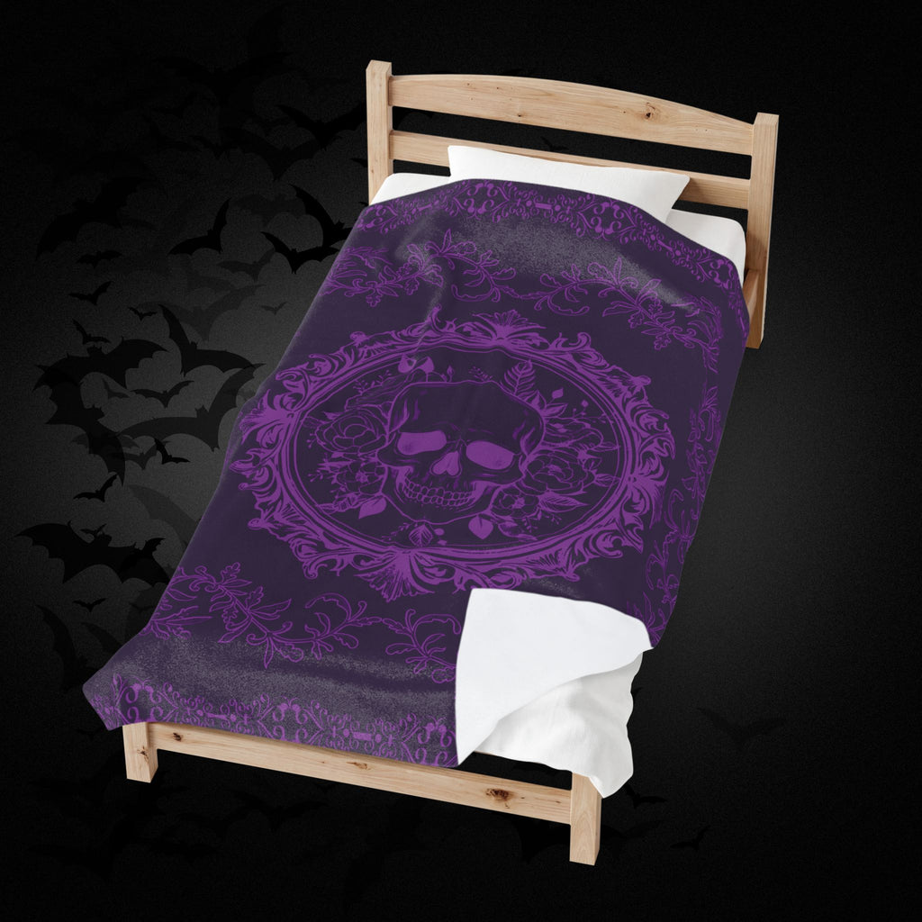 Gothic Purple Skull Botanical Throw Blanket — Tonal Dark Elegance