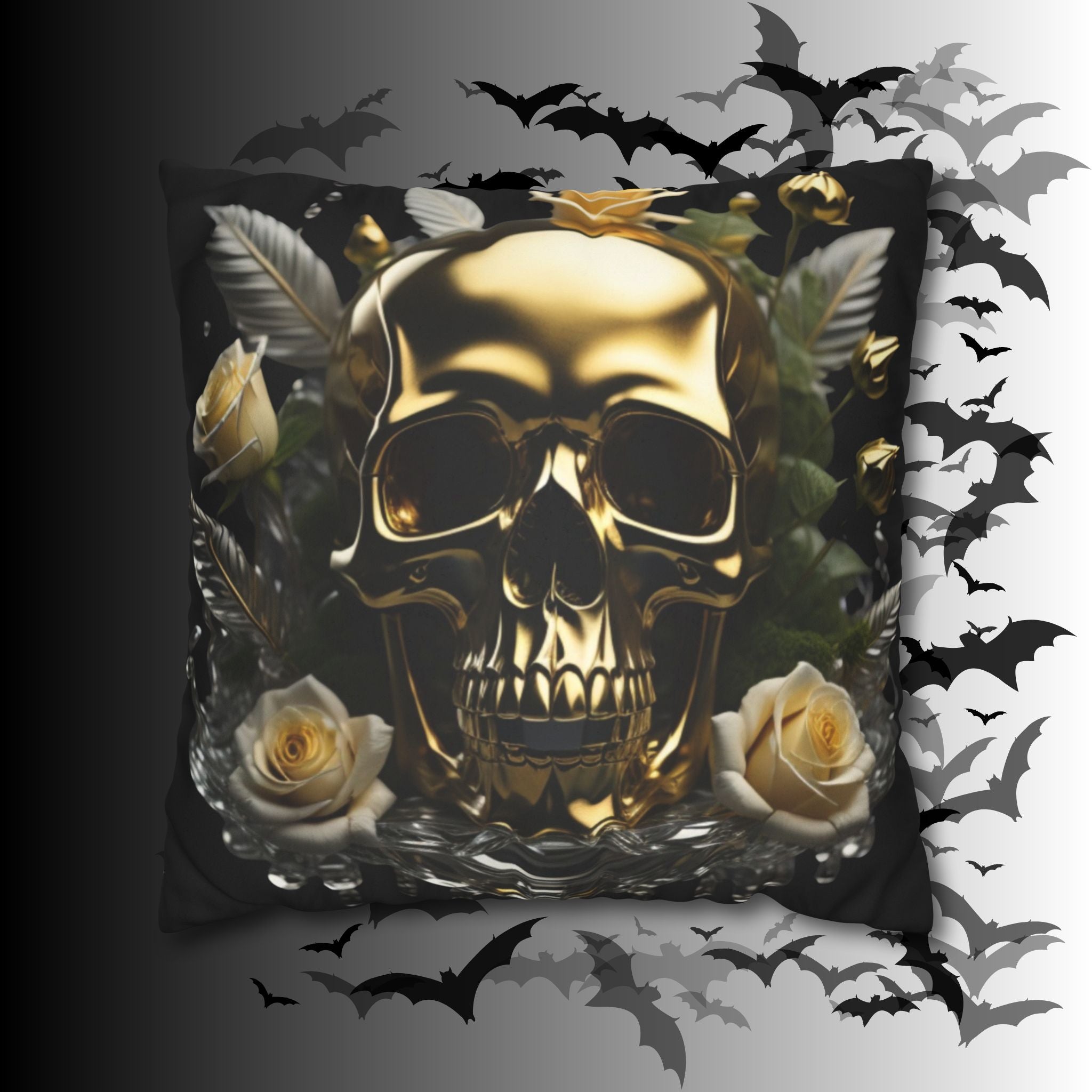 Gold Skull Botanical Throw Pillow — Dark Floral Gothic Home Decor