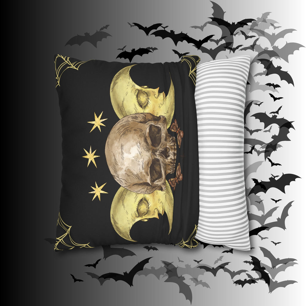 Gothic Moon Skull Throw Pillow — Celestial Dark Home Decor
