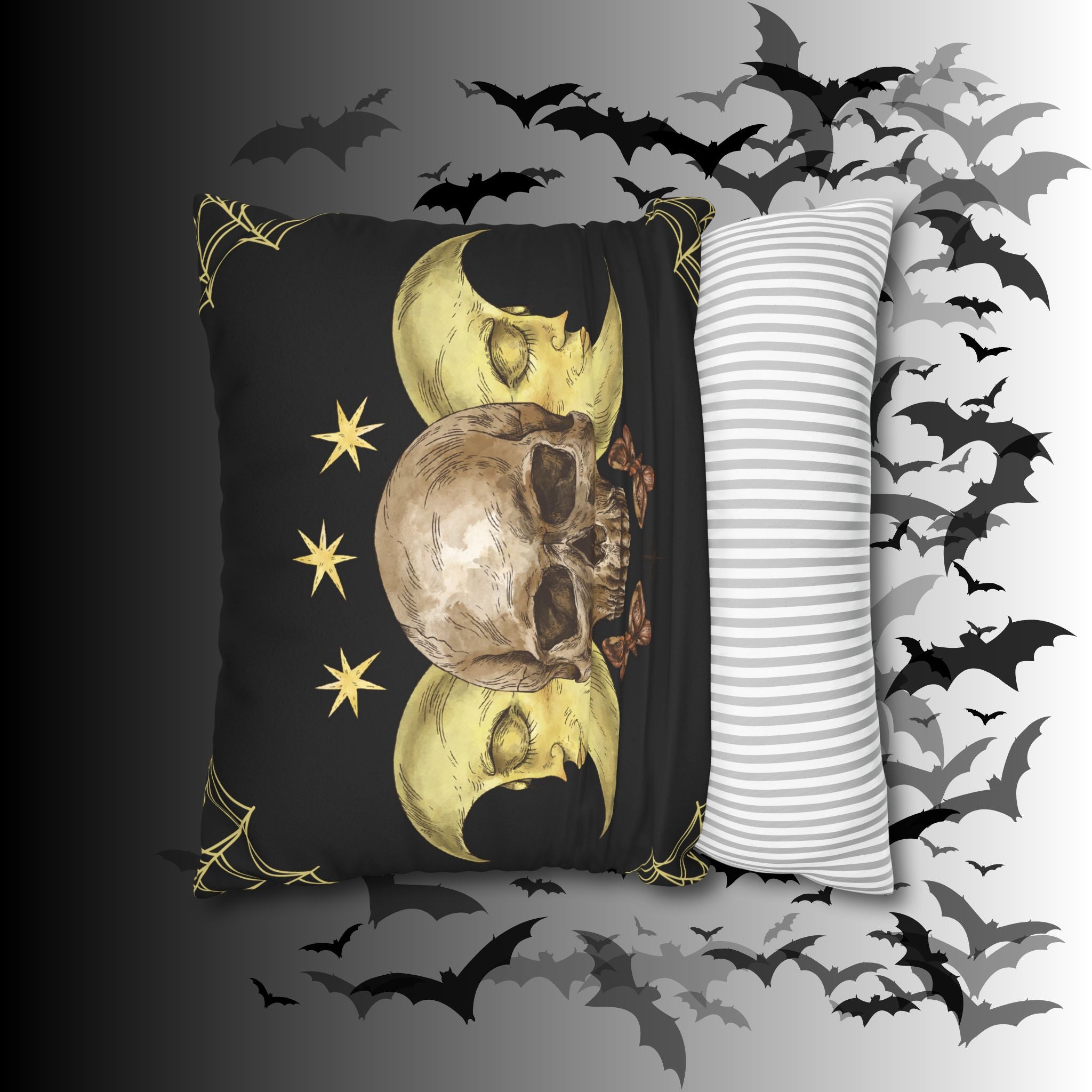 Gothic Moon Skull Throw Pillow — Celestial Dark Home Decor