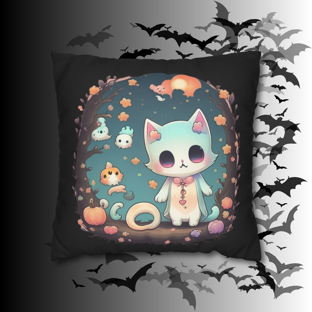 Creepy Cute Pastel Goth Cat Throw Pillow — Kawaii Halloween Dark Home Decor