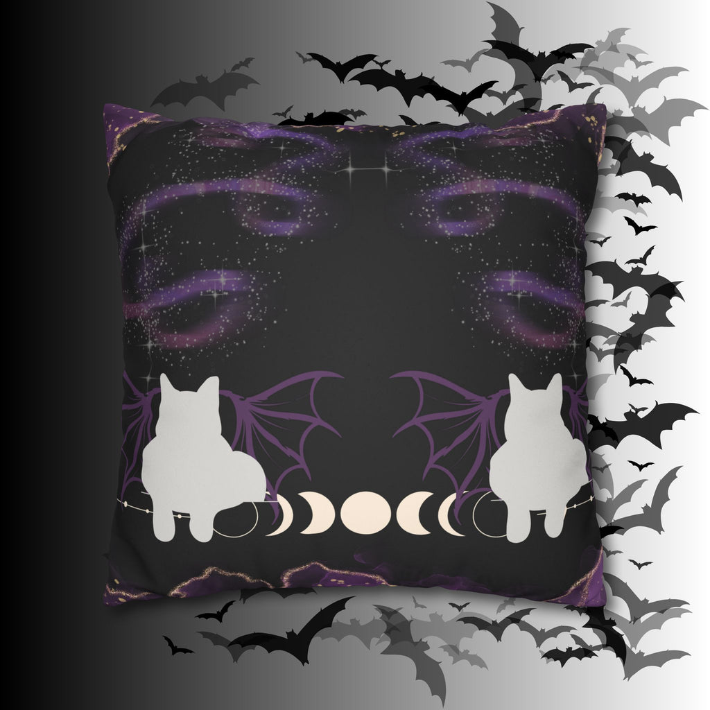 Gothic Bat Wing Cat Moon Phases Throw Pillow — Purple Celestial Dark Home Decor