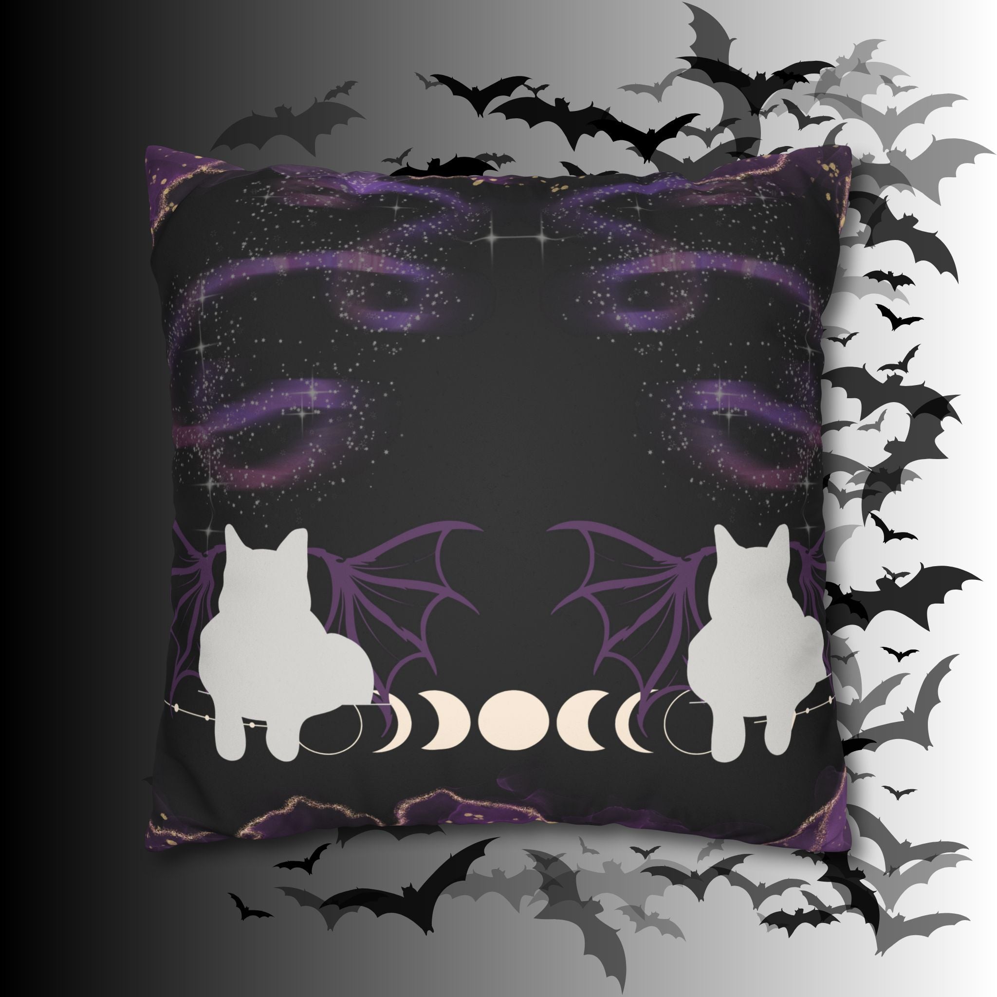 Gothic Bat Wing Cat Moon Phases Throw Pillow — Purple Celestial Dark Home Decor