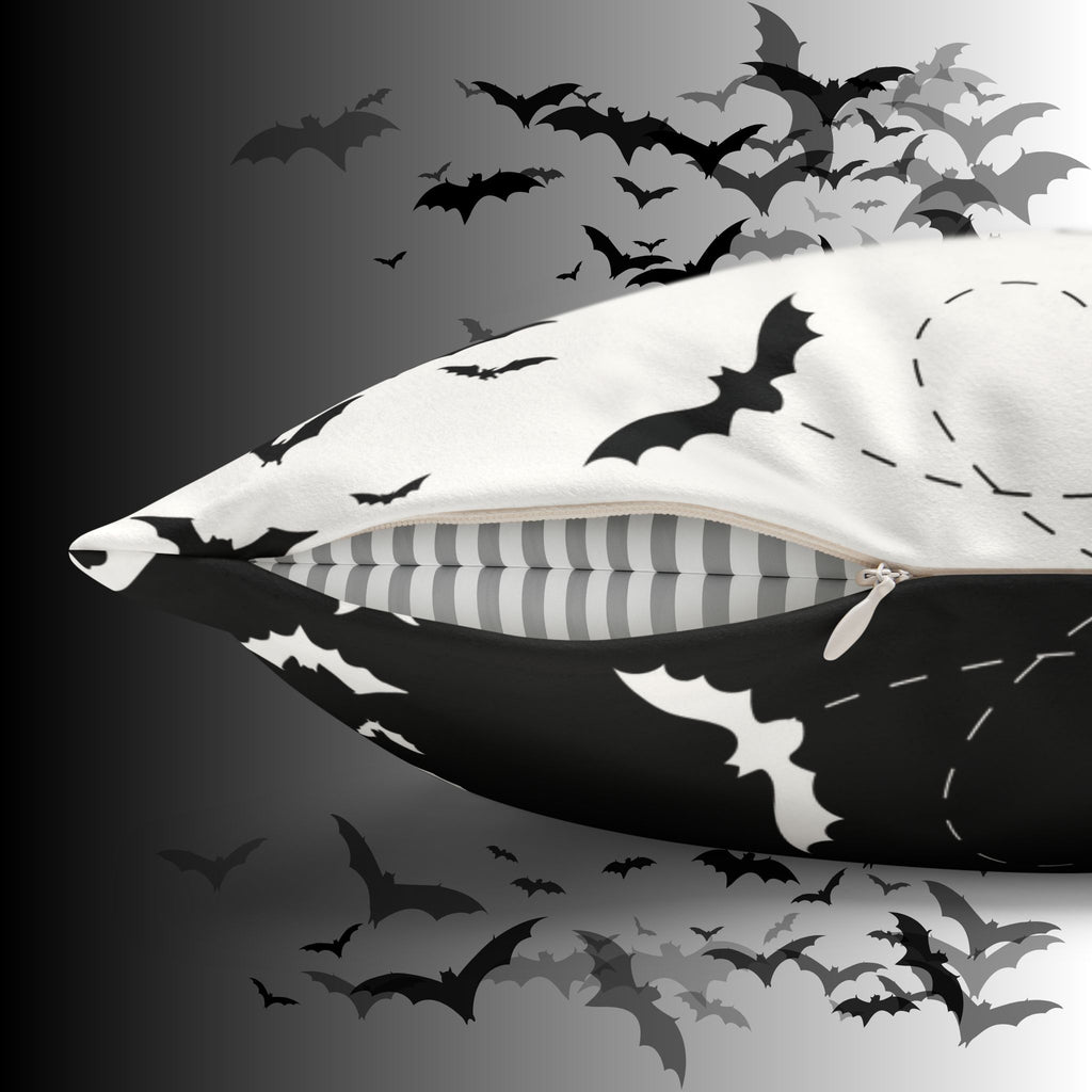 Gothic Bats Heart Throw Pillow — Black White Halloween Dark Home Decor