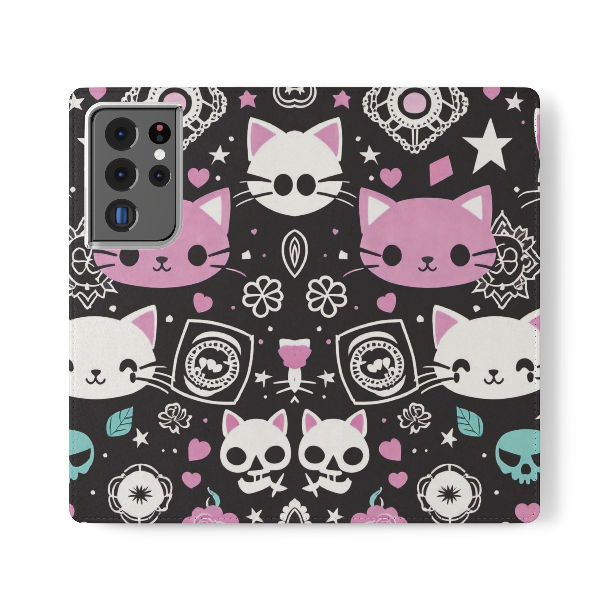 Pastel Goth Cat Flip Wallet Phone Case - Goth Cat Wallet Case for Samsung iPhone - Gothic Style Cats Wallet Phone Cases