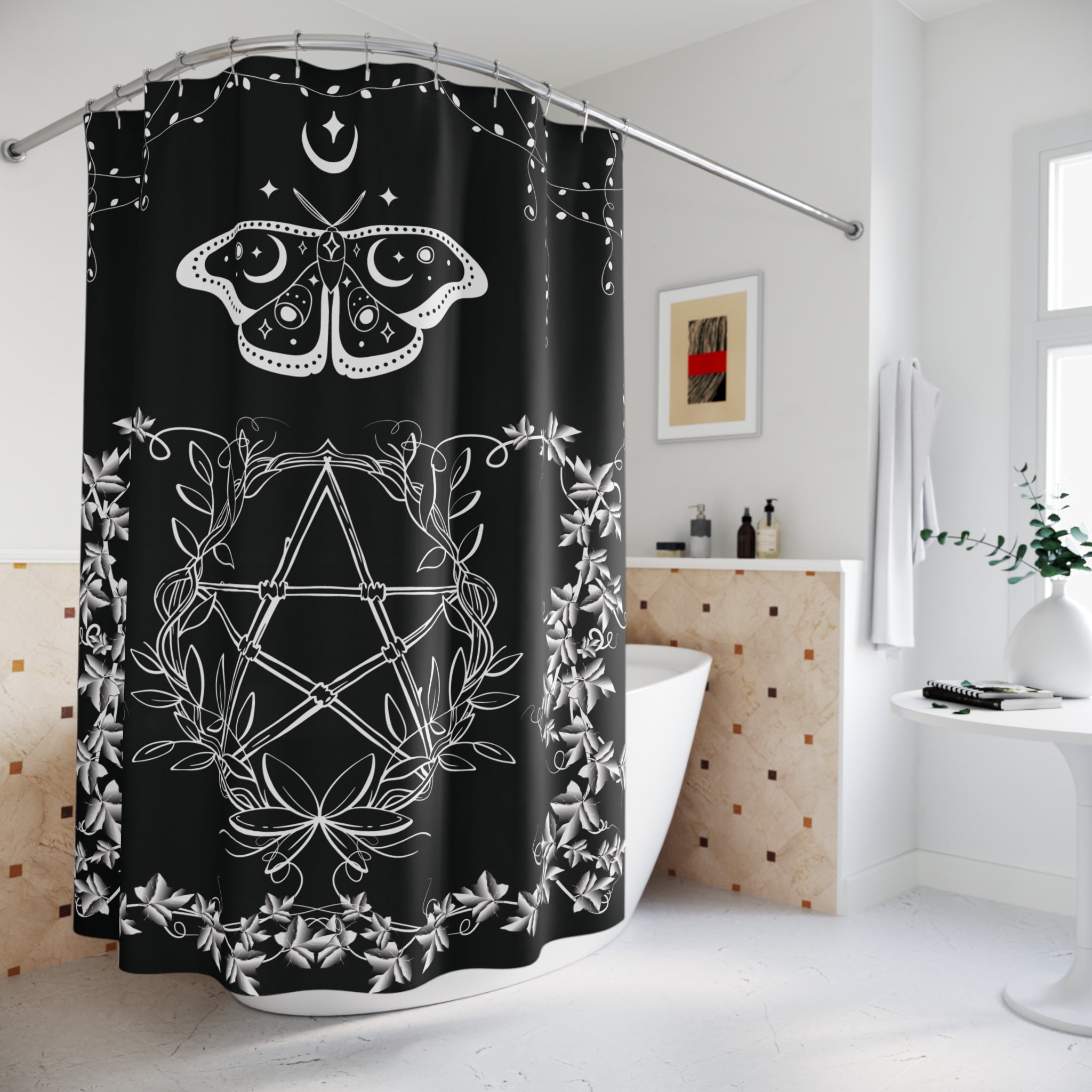 Whimsigoth Pentagram Shower Curtain — Witchy Dark Cottagecore Bathroom Decor
