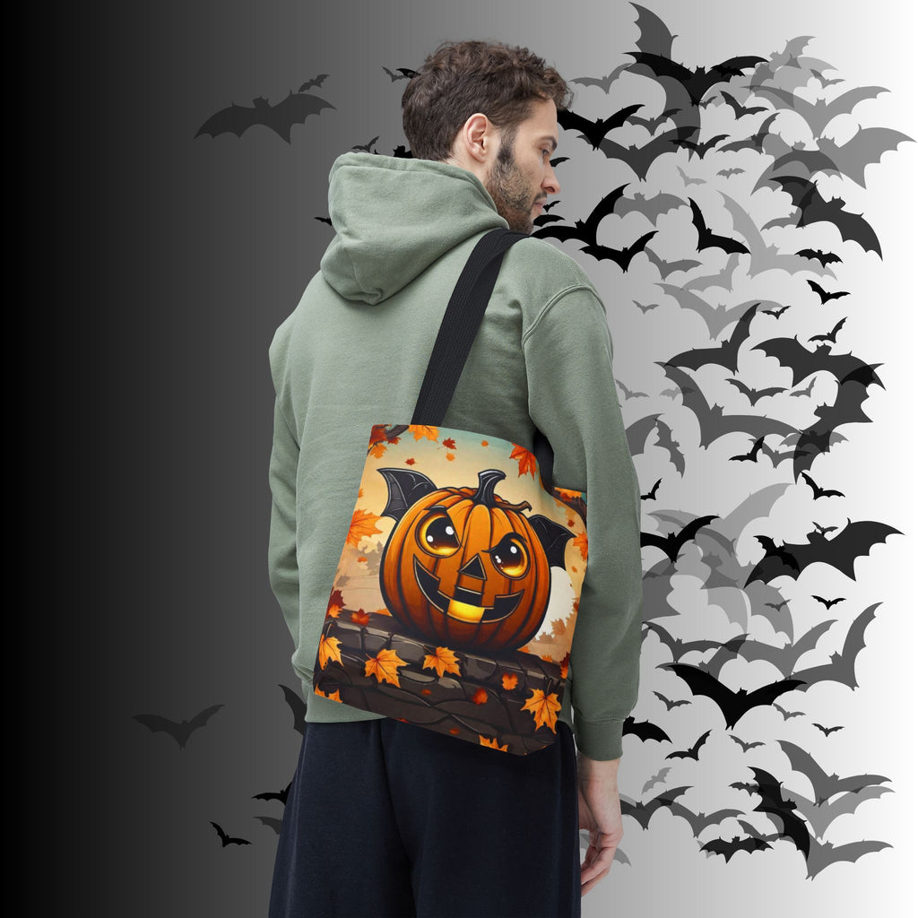 Bat Wing Jack-o'-Lantern Halloween Tote Bag — Autumn Leaves Print