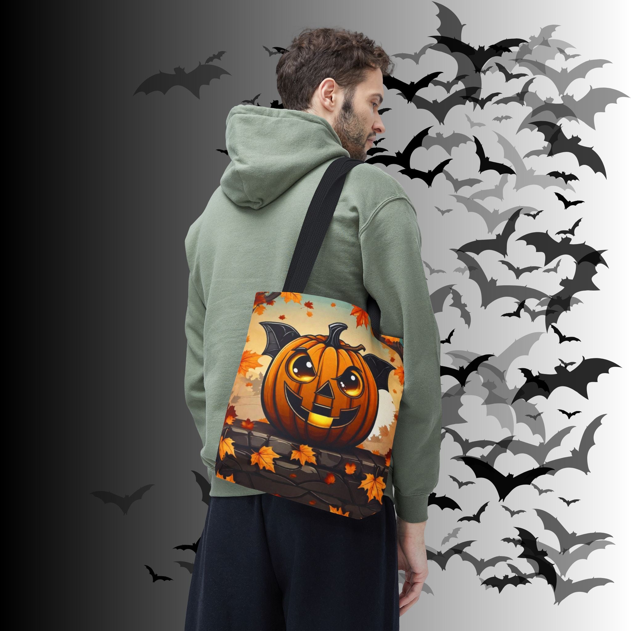 Bat Wing Jack-o'-Lantern Halloween Tote Bag — Autumn Leaves Print