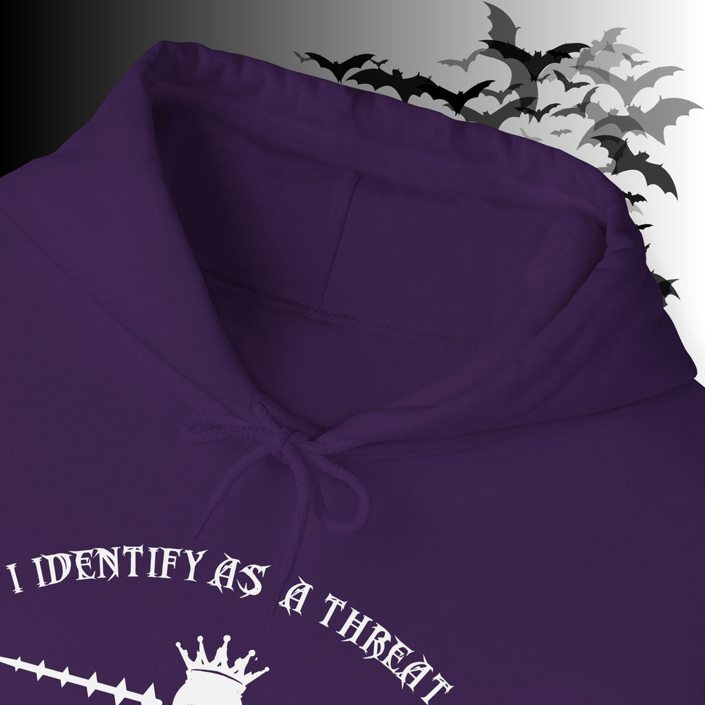 I Identify As a Threat Hoodie — Gothic Skull Sleeve Print FAFO Black