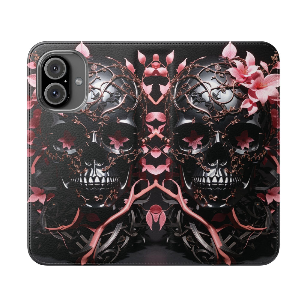 Pink Pastel Goth Skull Flip Wallet Phone Case - Skull Wallet Case for Samsung iPhone - Gothic Style Skull Wallet Phone Cases
