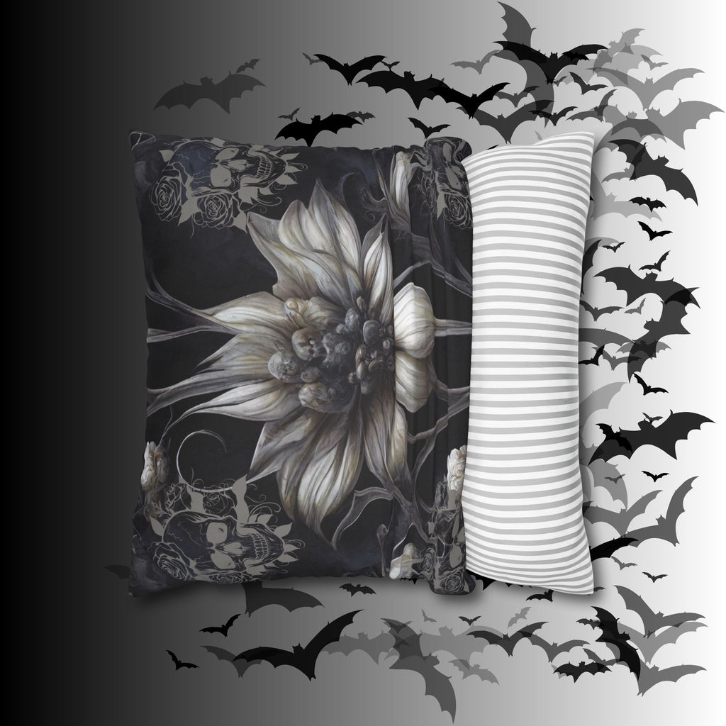 Gothic Skull Botanical Sunflower Throw Pillow — Dark Floral Home Decor