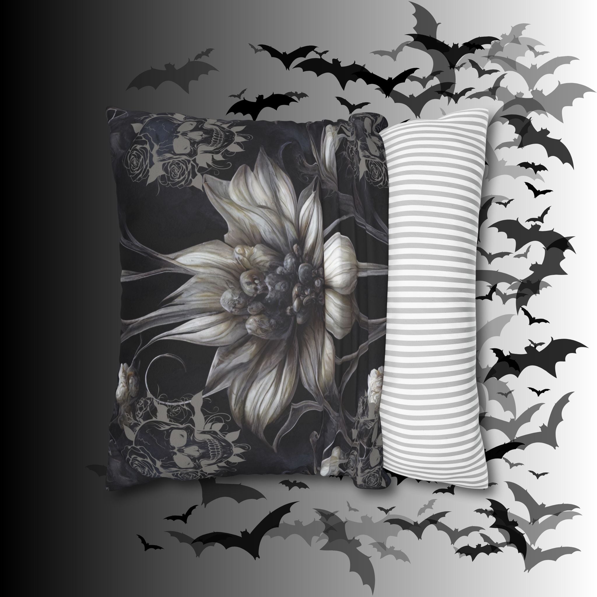 Gothic Skull Botanical Sunflower Throw Pillow — Dark Floral Home Decor
