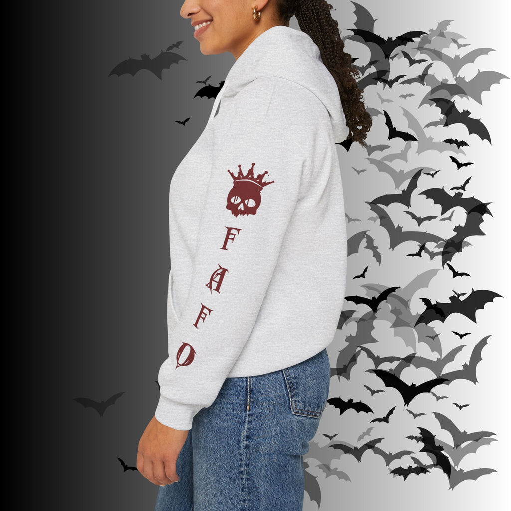 I Identify As a Threat Hoodie — Gothic Skull Sleeve Print Fuck Around Find Out