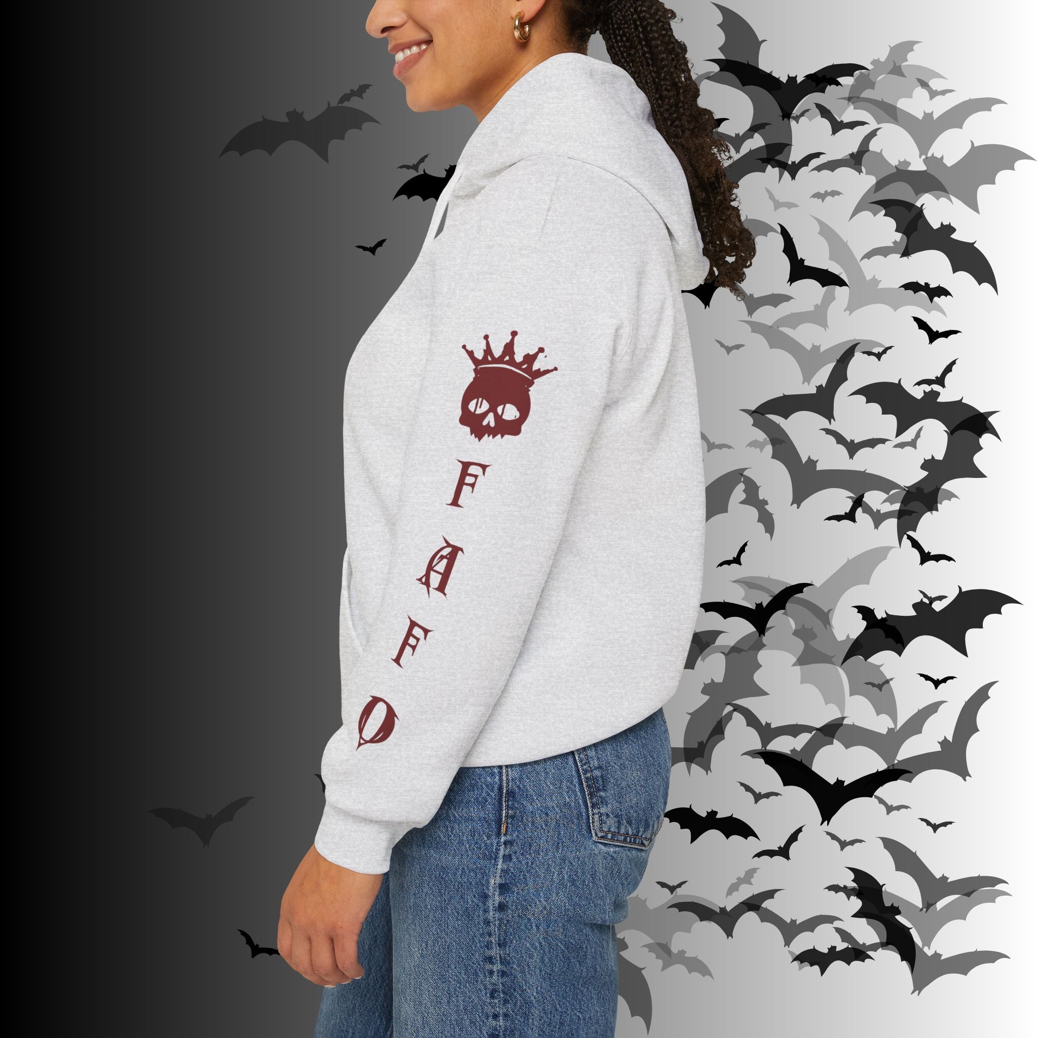 I Identify As a Threat Hoodie — Gothic Skull Sleeve Print Fuck Around Find Out