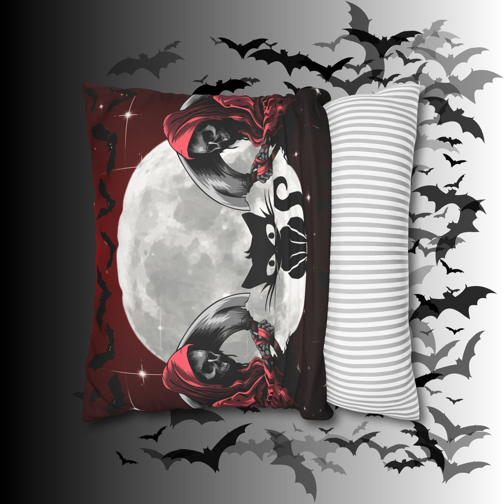 Gothic Black Cat Grim Reaper Throw Pillow — Moonlit Dark Home Decor