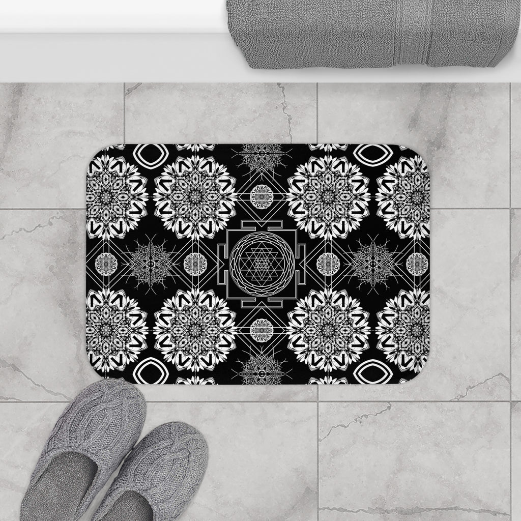 Sacred Geometry Bath Mat — Mystical Black & White Mandala Bathroom Decor
