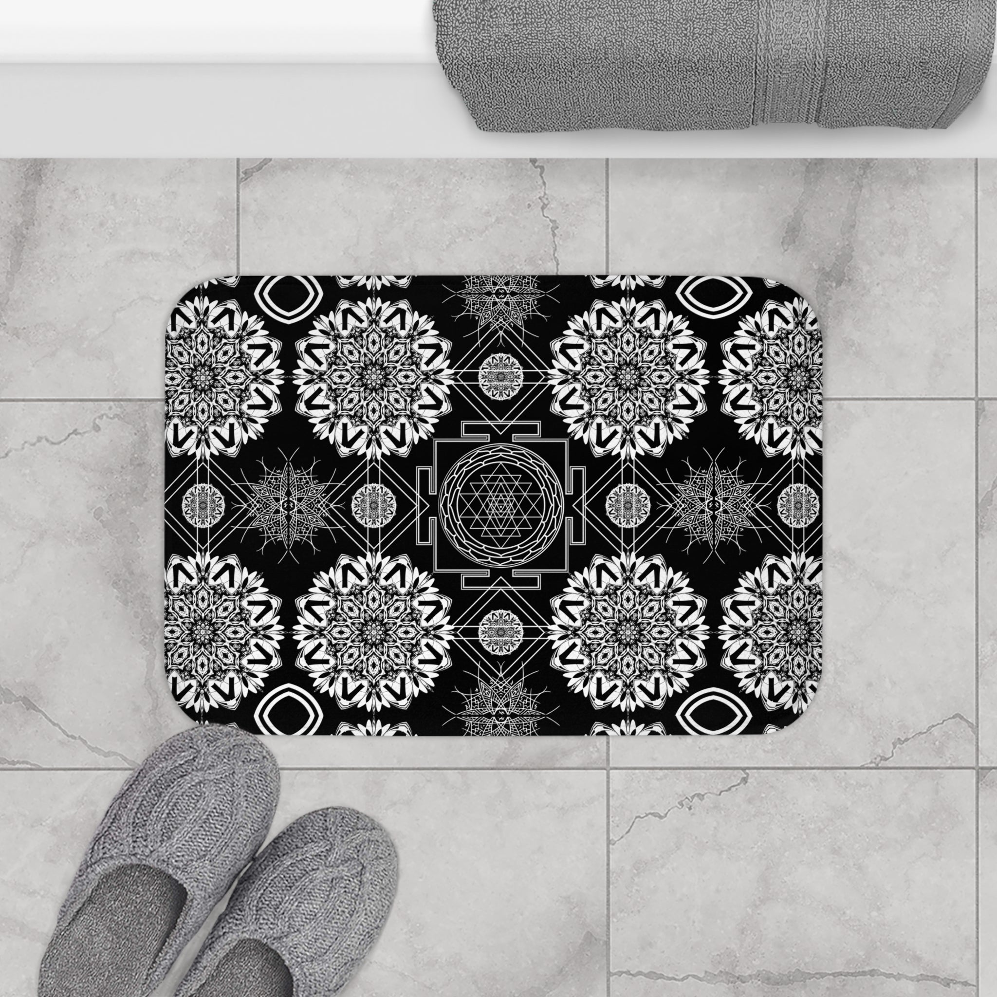 Sacred Geometry Bath Mat — Mystical Black & White Mandala Bathroom Decor