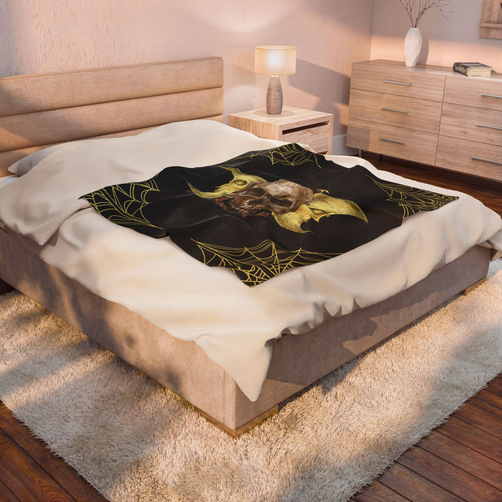Gothic Gold Moon Skull Throw Blanket — Moonlit Halloween Home Decor