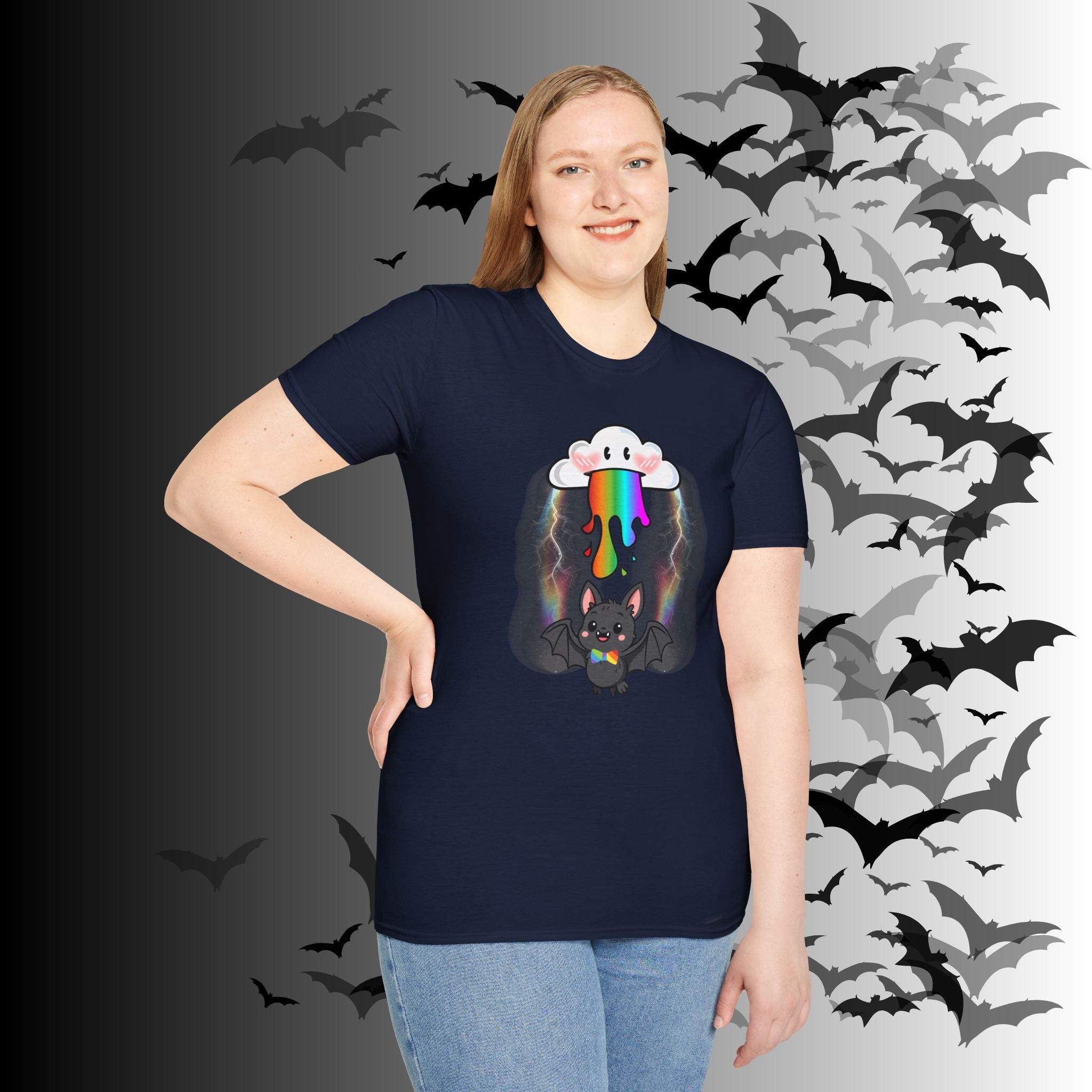 Rainbow Vomit Cloud Bat T-Shirt — Kawaii Goth Pride Unisex Tee