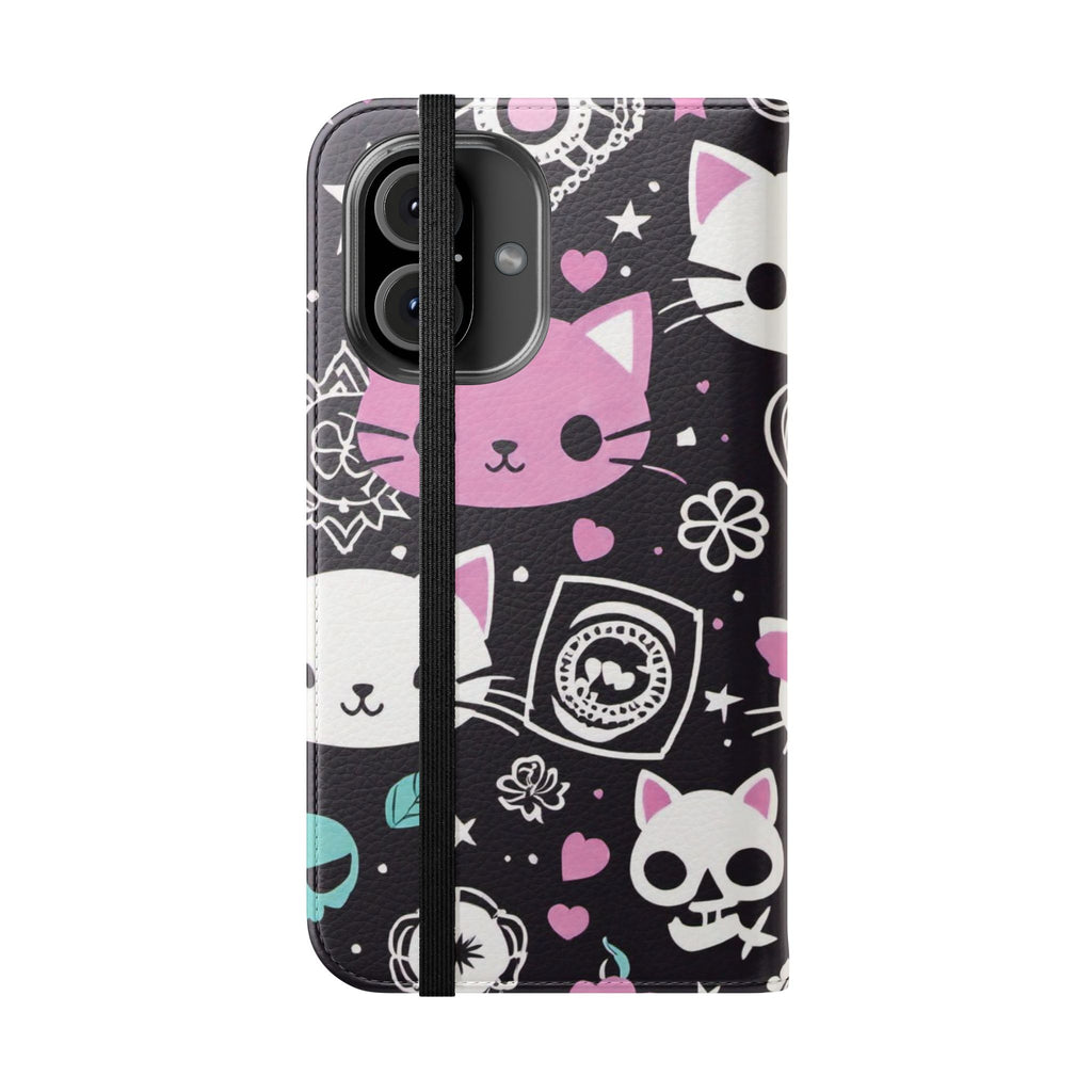 Pastel Goth Cat Flip Wallet Phone Case - Goth Cat Wallet Case for Samsung iPhone - Gothic Style Cats Wallet Phone Cases